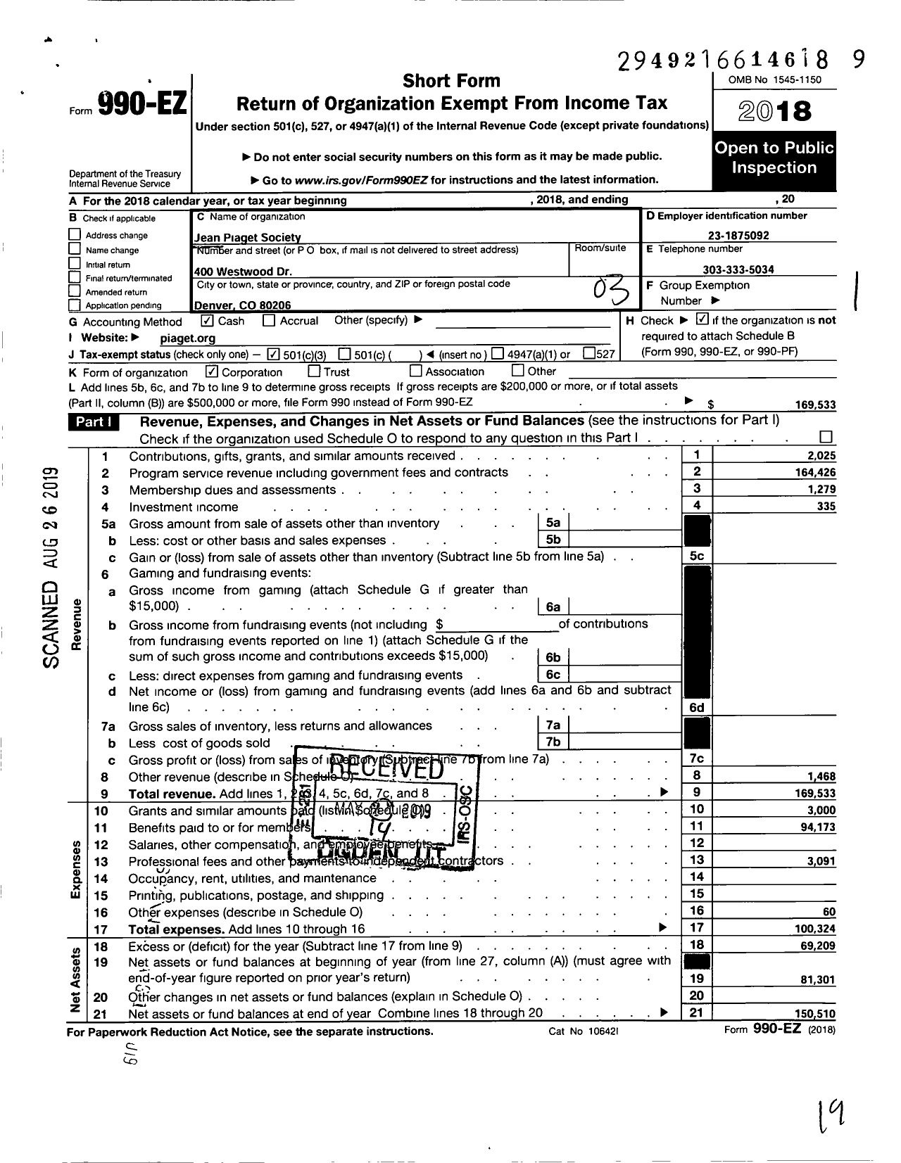 Image of first page of 2018 Form 990EZ for Jean Piaget Society