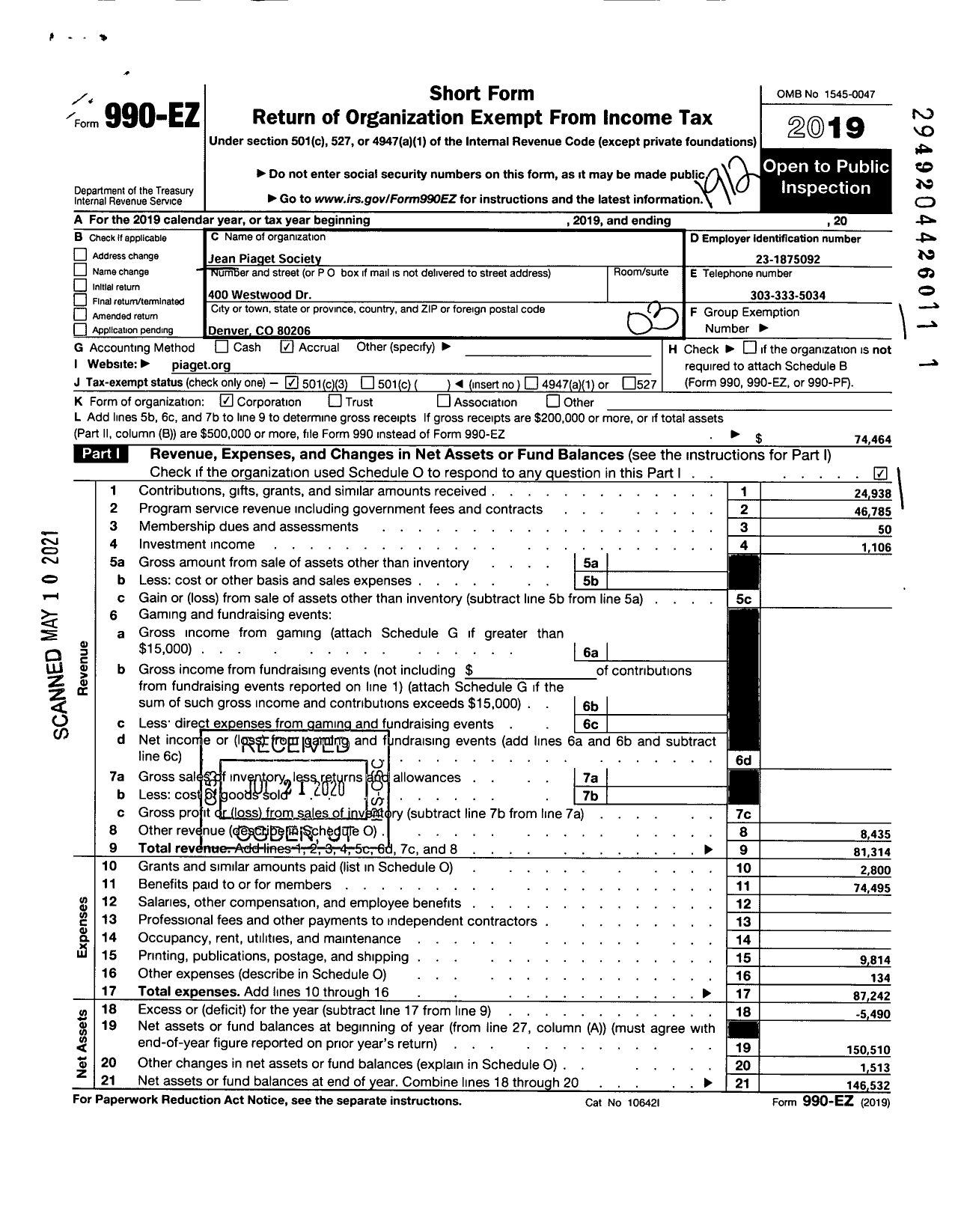 Image of first page of 2019 Form 990EZ for Jean Piaget Society