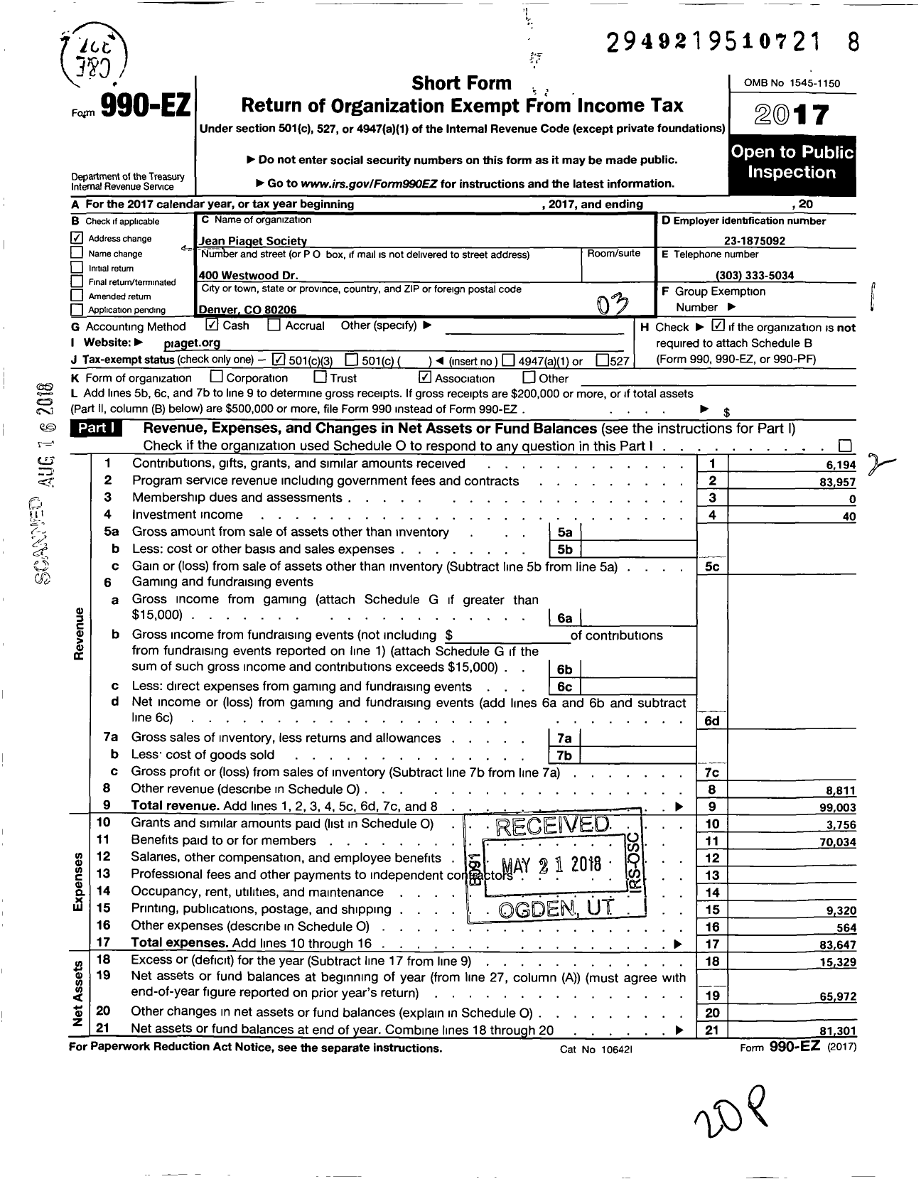 Image of first page of 2017 Form 990EZ for Jean Piaget Society