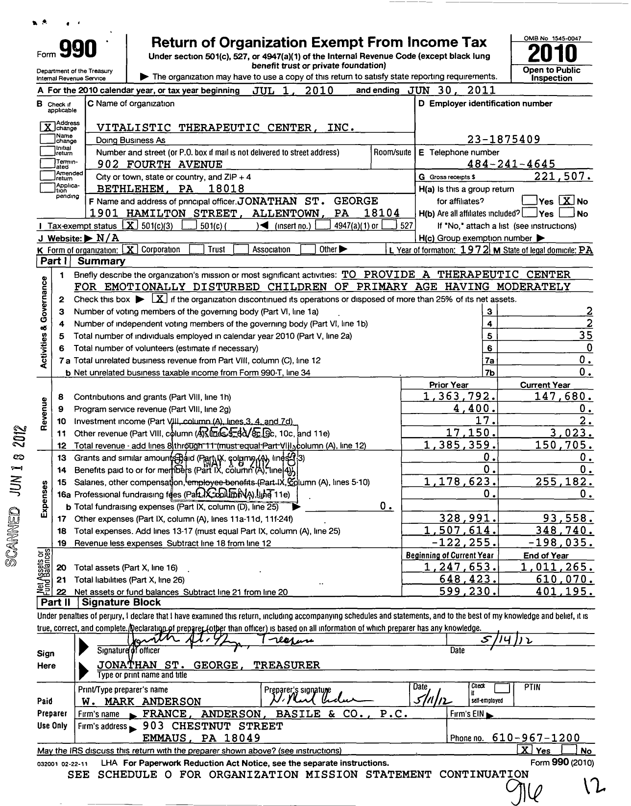 Image of first page of 2010 Form 990 for Vitalistic Therapeutic Center