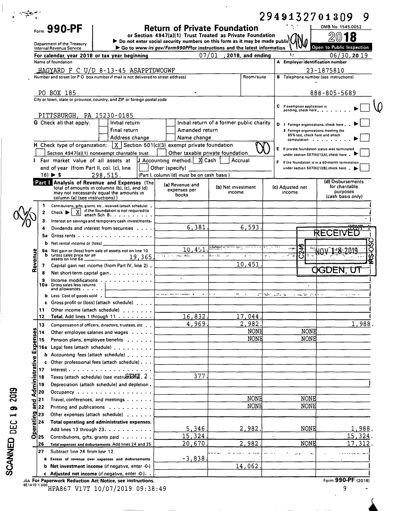 Image of first page of 2018 Form 990PF for Hagyard F C Ud 8-13-45 Asapptdwogwf