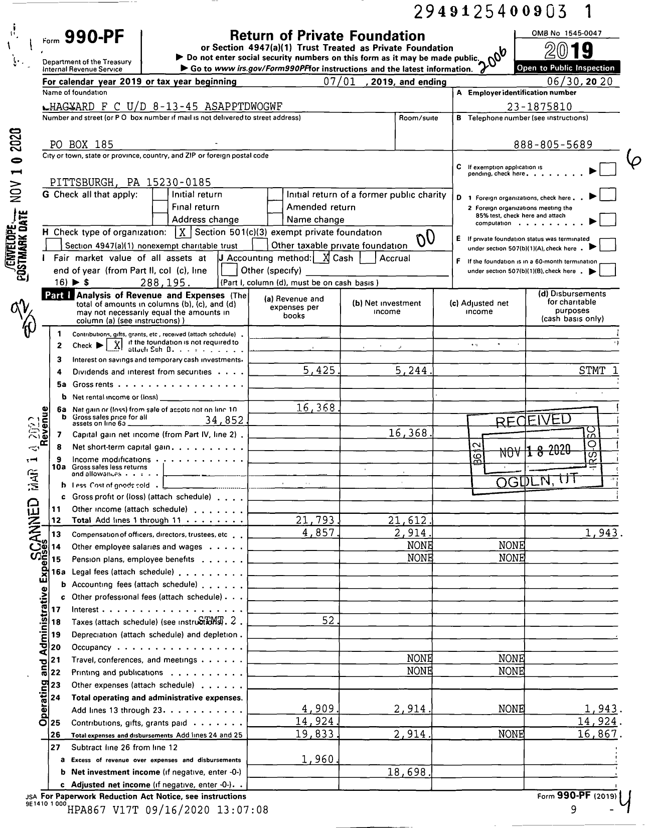 Image of first page of 2019 Form 990PF for Hagyard F C Ud 8-13-45 Asapptdwogwf