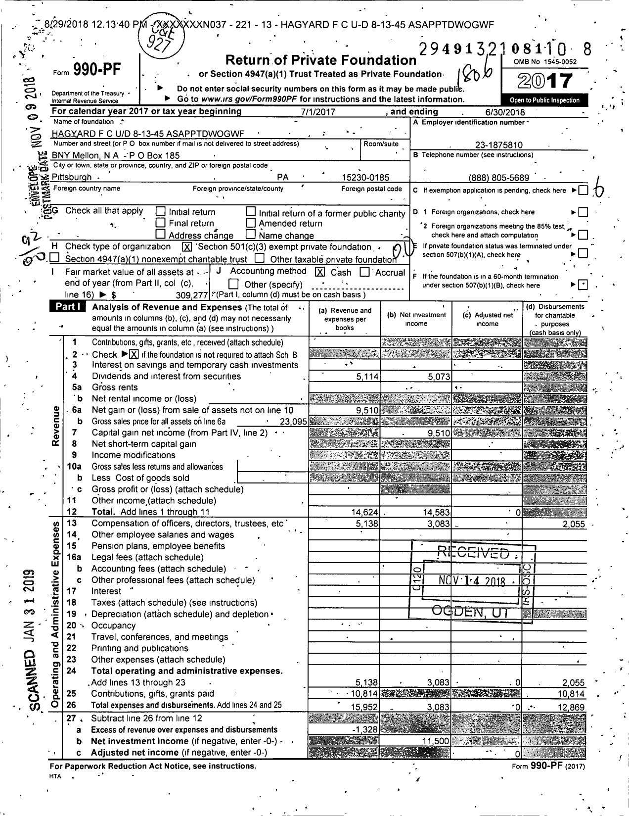 Image of first page of 2017 Form 990PF for Hagyard F C Ud 8-13-45 Asapptdwogwf