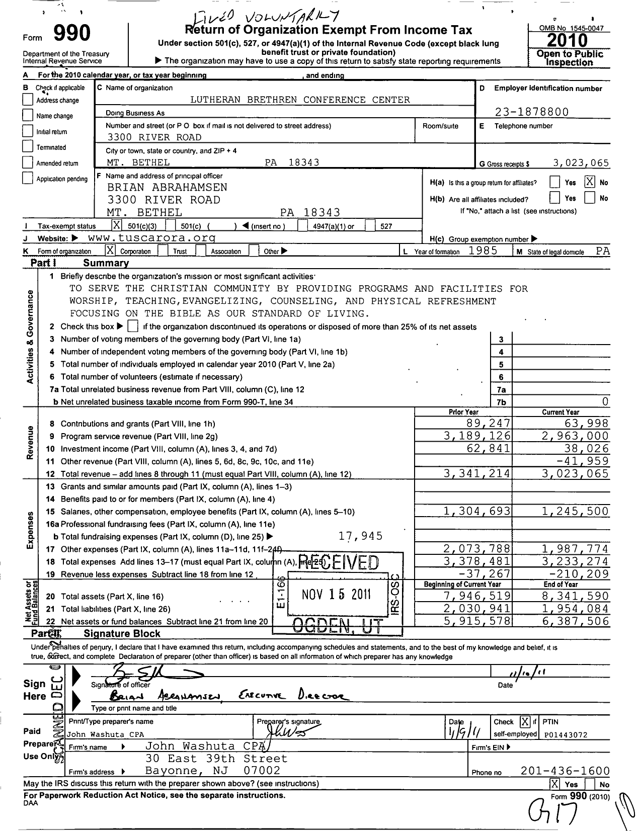 Image of first page of 2010 Form 990 for Lutheran Brethren Conference Center