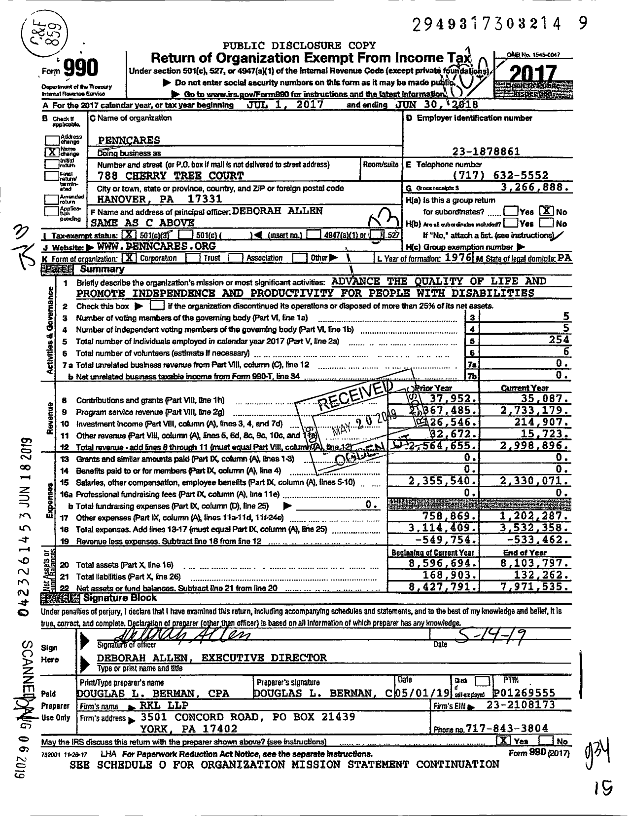 Image of first page of 2017 Form 990 for PennCares
