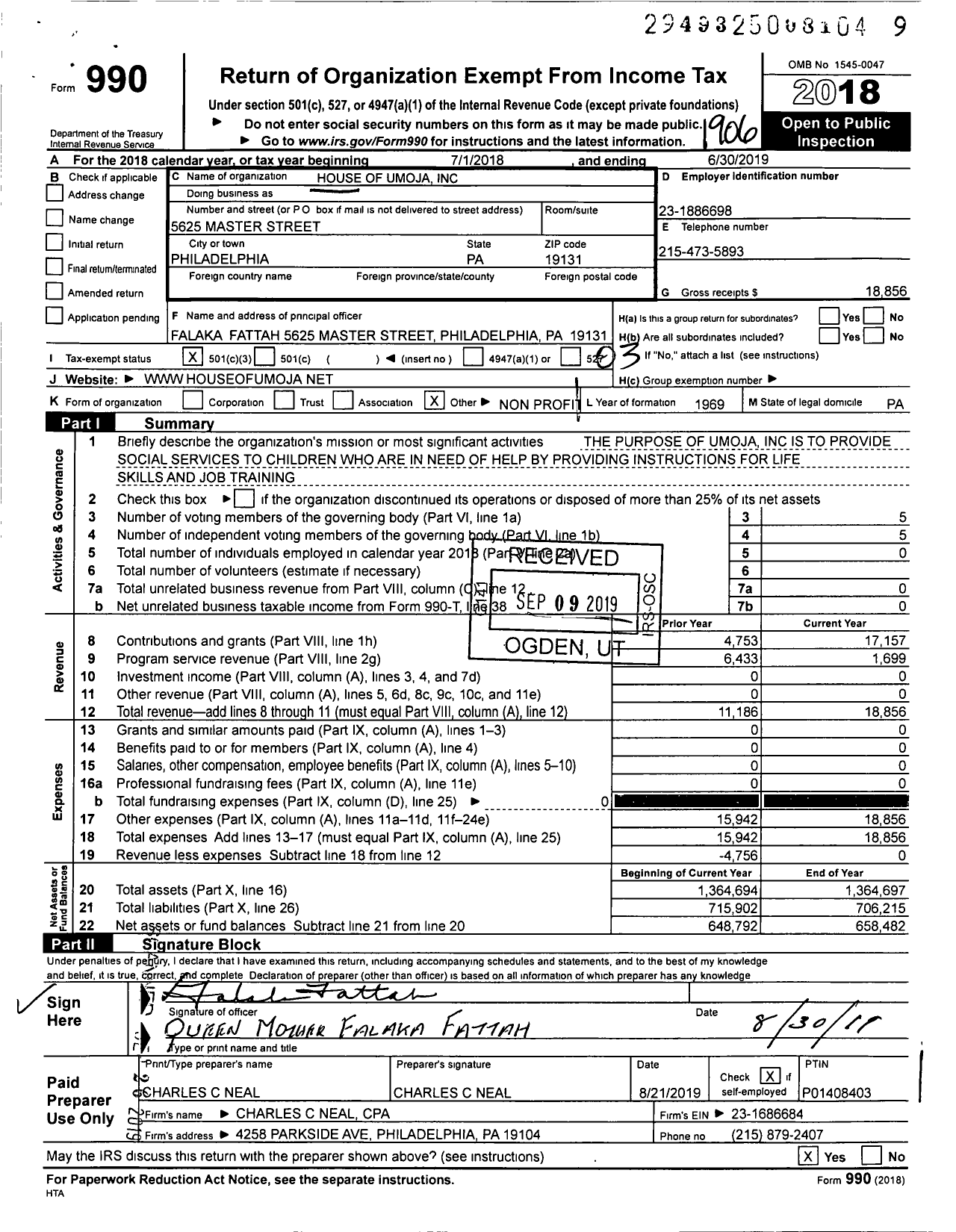 Image of first page of 2018 Form 990 for House of Umoja