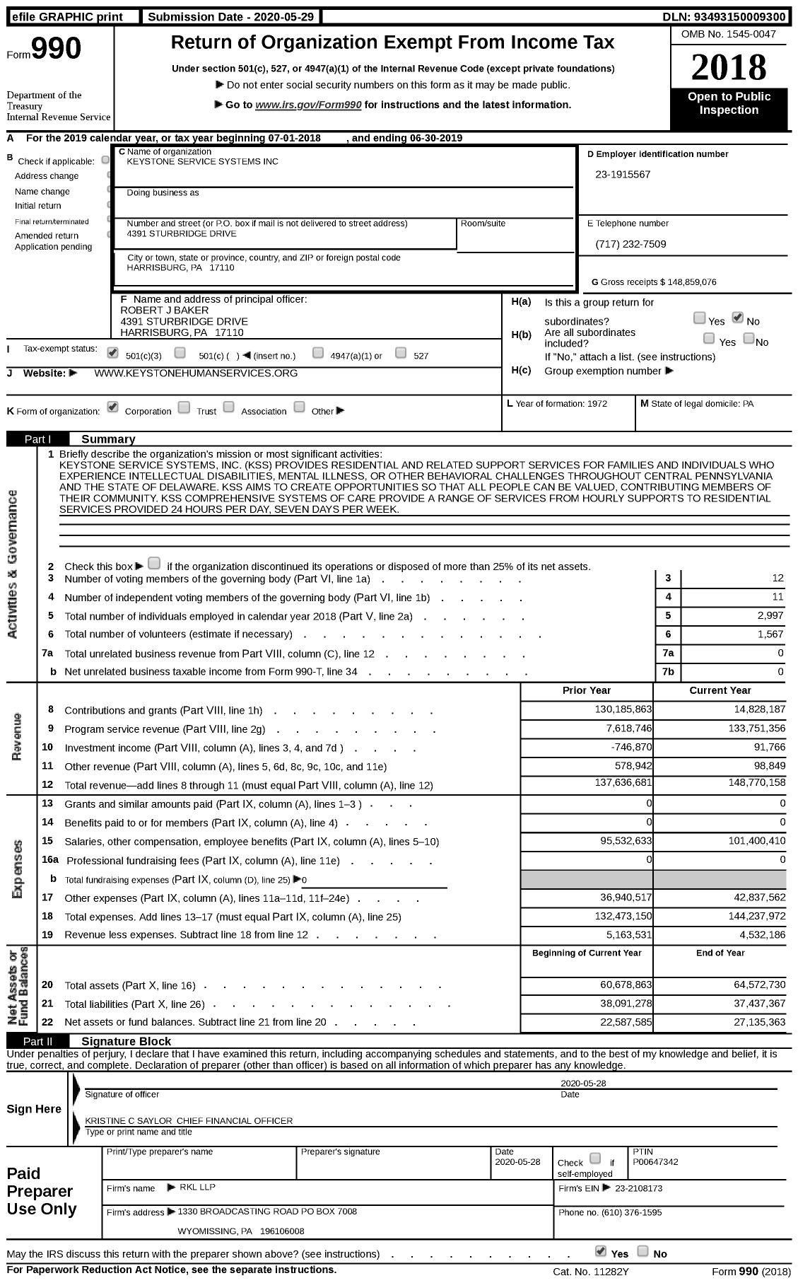 Image of first page of 2018 Form 990 for Keystone Service Systems