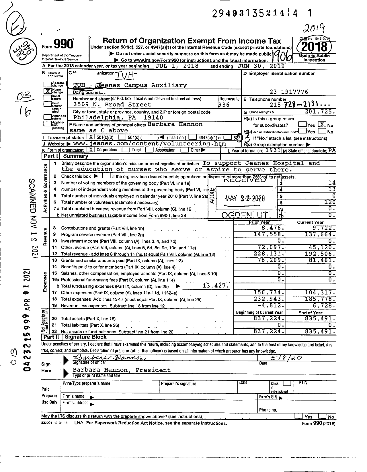 Image of first page of 2018 Form 990 for TUH - Jeanes Campus Auxiliary