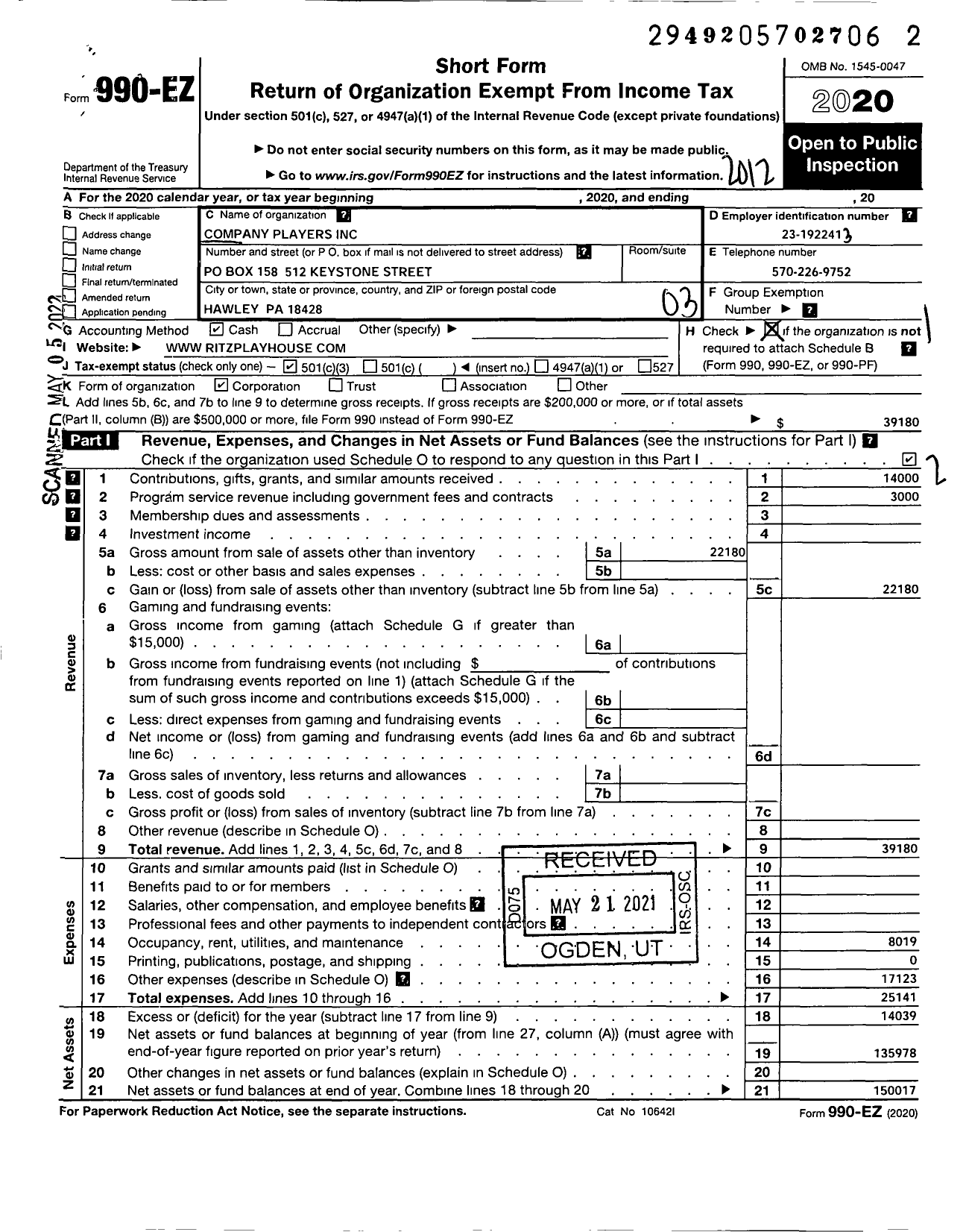 Image of first page of 2020 Form 990EZ for Company Players