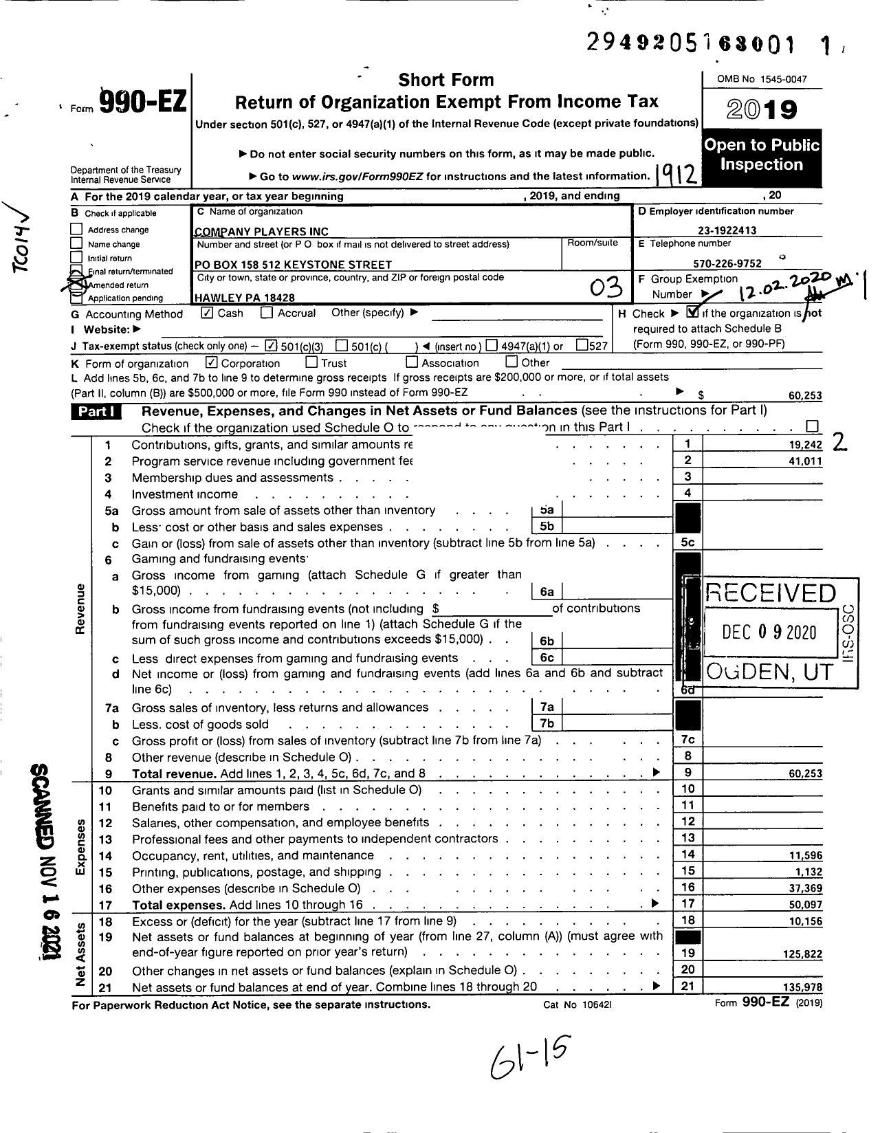 Image of first page of 2019 Form 990EZ for Company Players