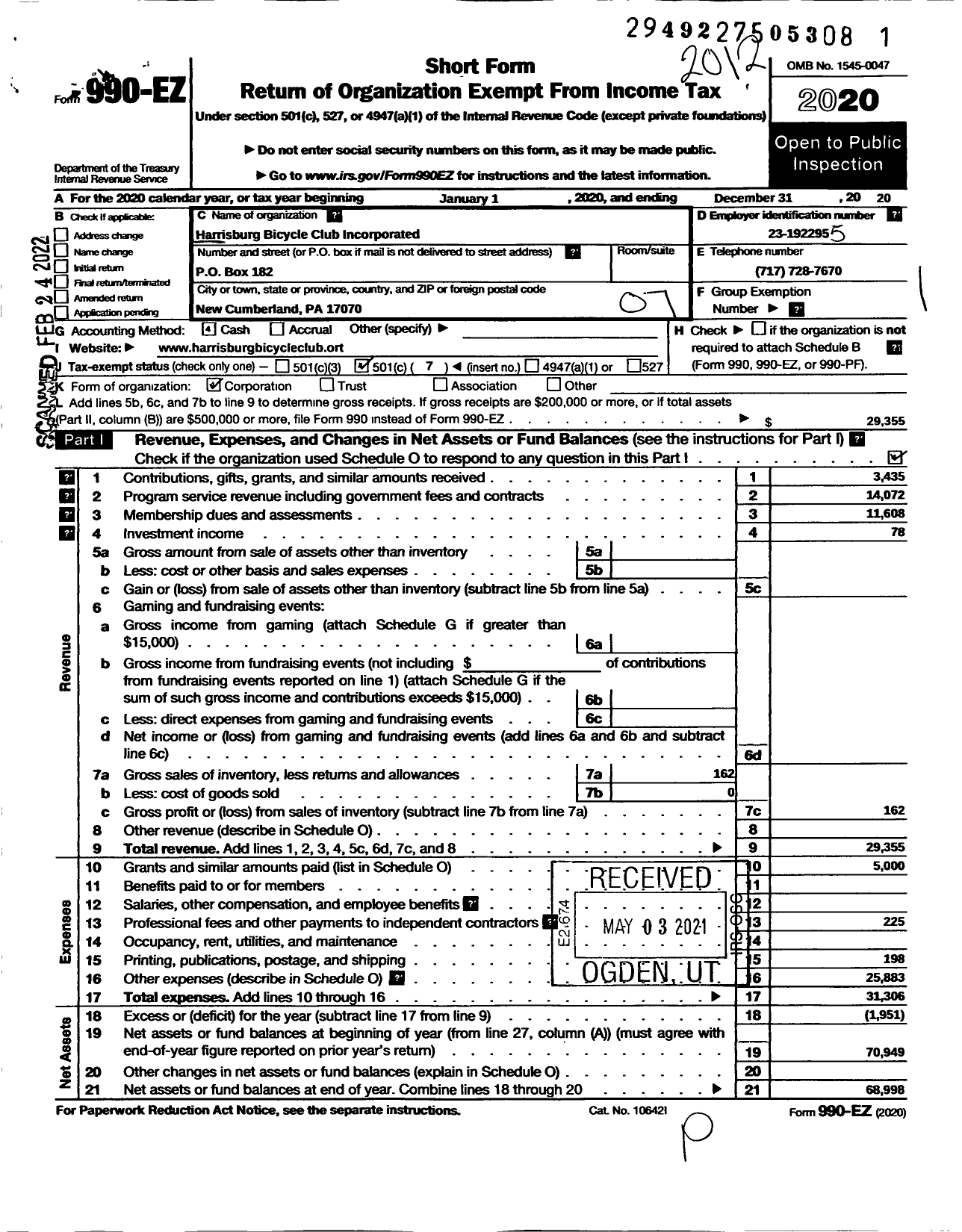 Image of first page of 2020 Form 990EO for Harrisburg Bicycle Club Incorporated