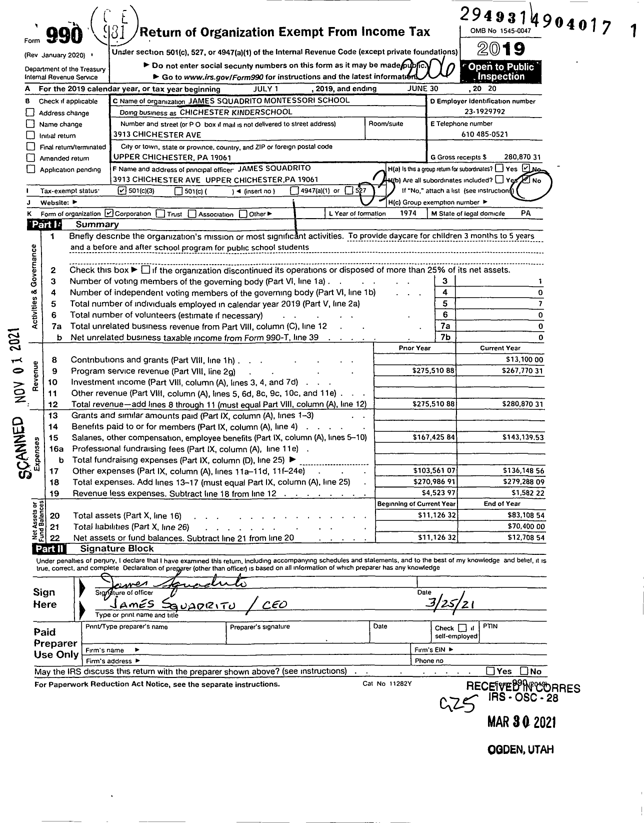 Image of first page of 2019 Form 990 for Chichester Kinderschool