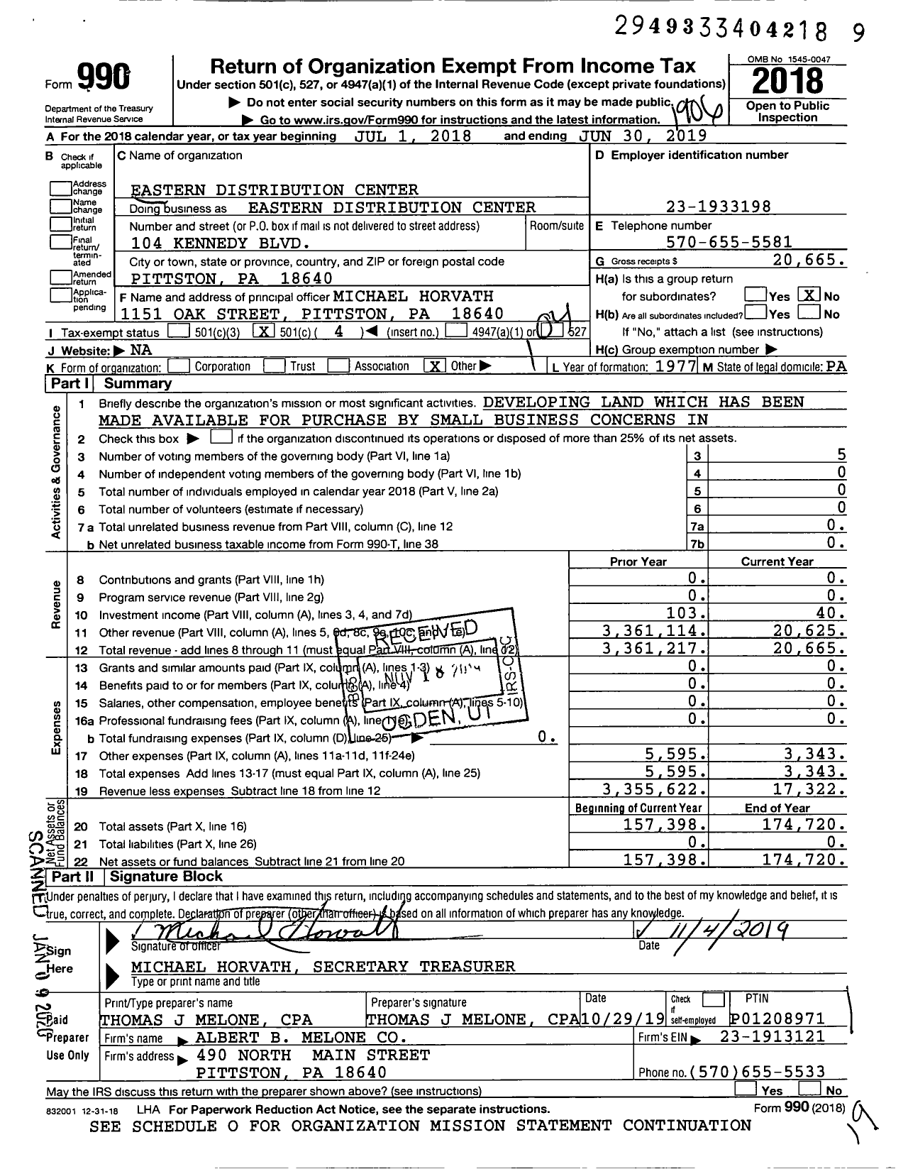 Image of first page of 2018 Form 990O for Eastern Distribution Center
