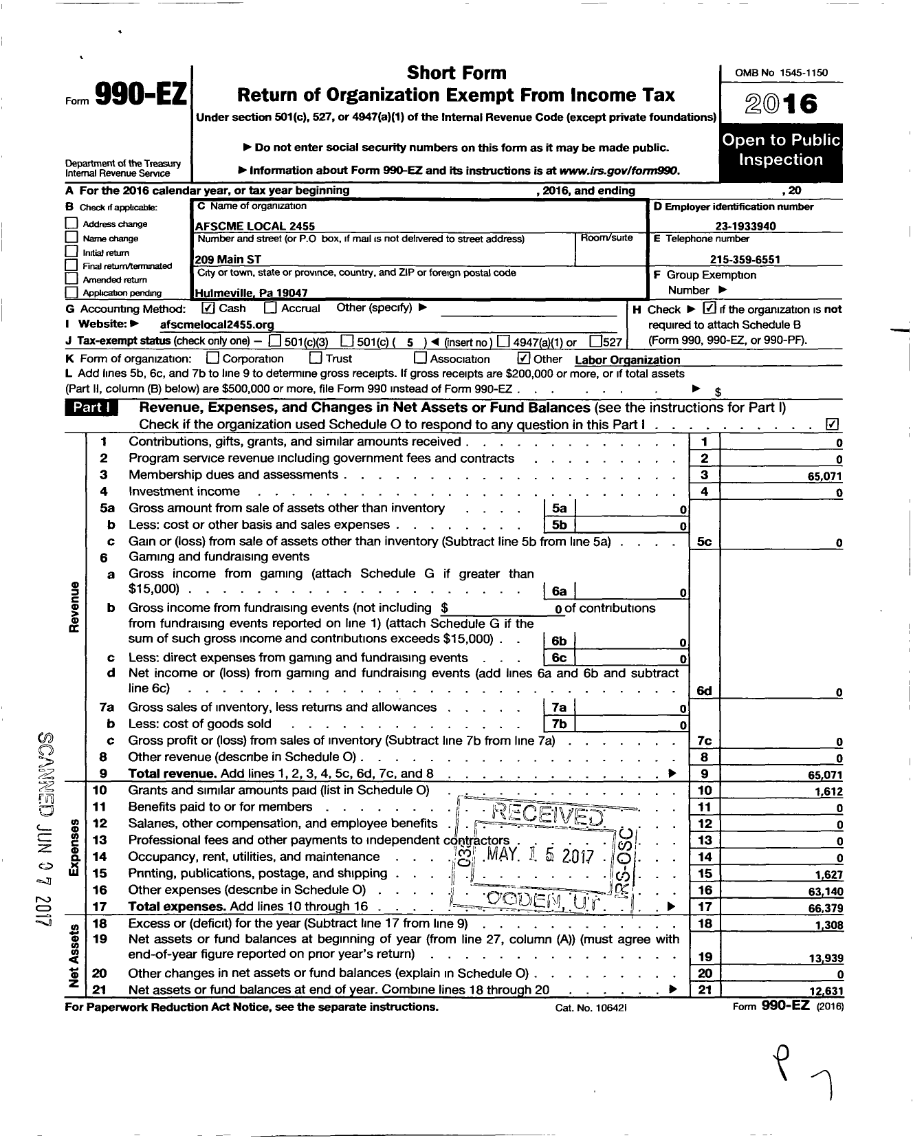 Image of first page of 2016 Form 990EO for American Federation of State County & Municipal Employees - L2455pa St Prof Emp Dists 5 & 6