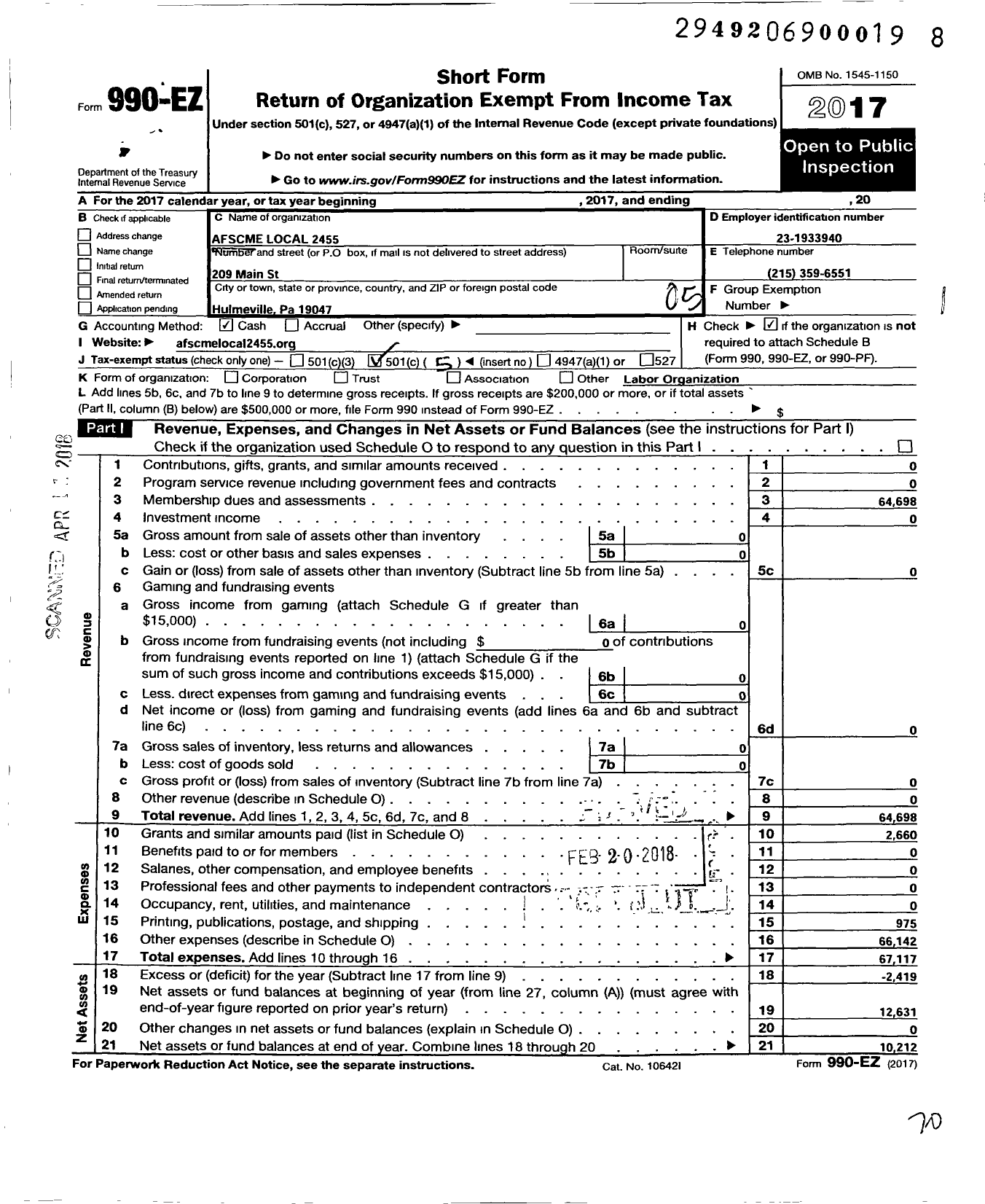 Image of first page of 2017 Form 990EO for American Federation of State County & Municipal Employees - L2455pa St Prof Emp Dists 5 & 6