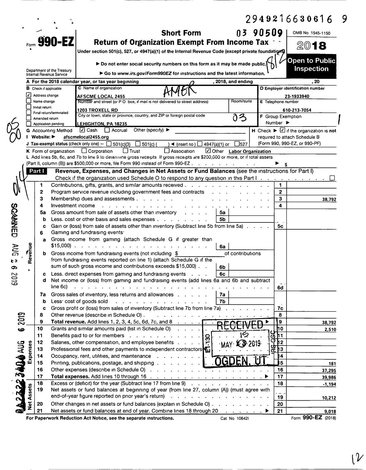 Image of first page of 2018 Form 990EO for American Federation of State County & Municipal Employees - L2455pa St Prof Emp Dists 5 & 6