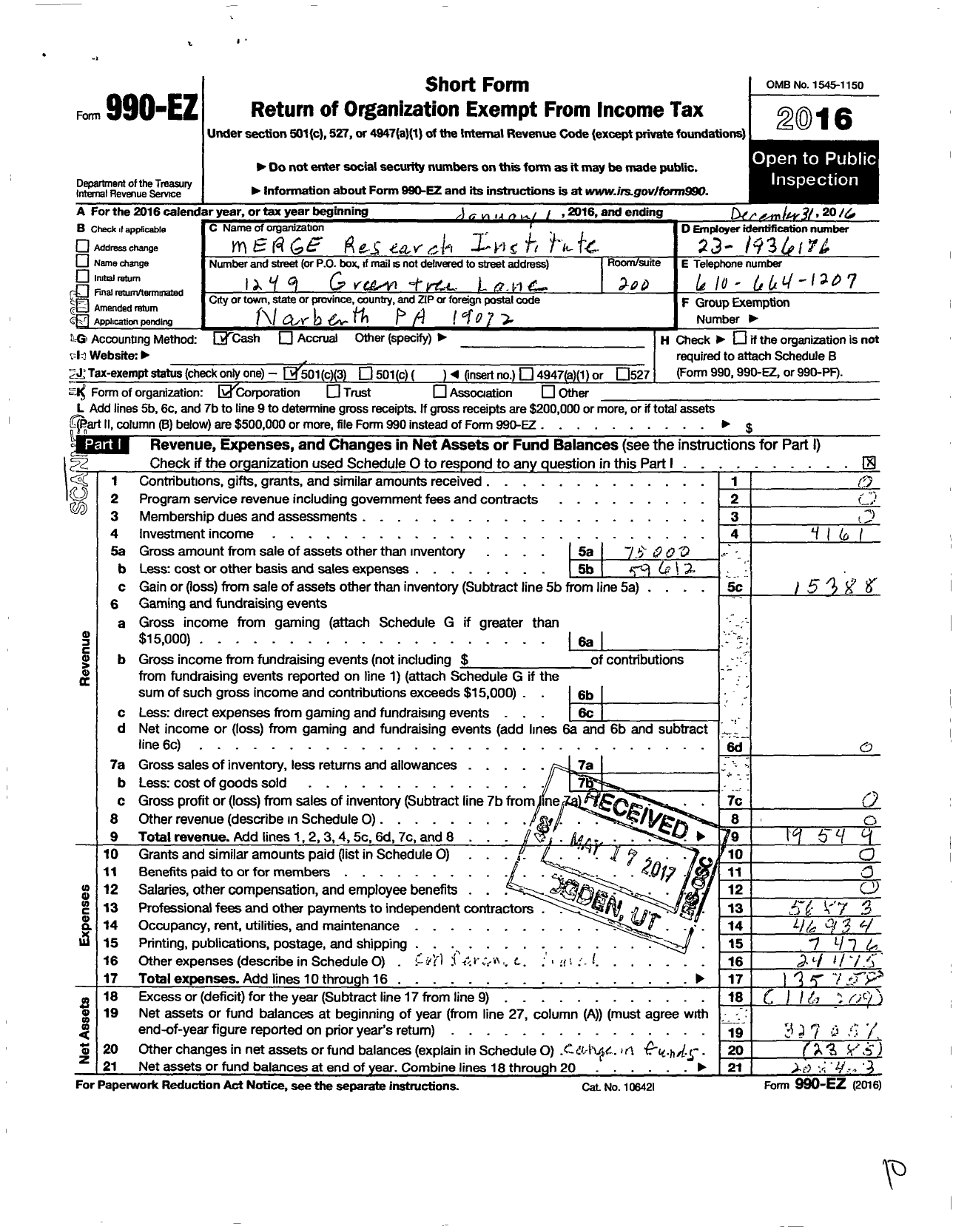 Image of first page of 2016 Form 990EZ for Merge Research Institute