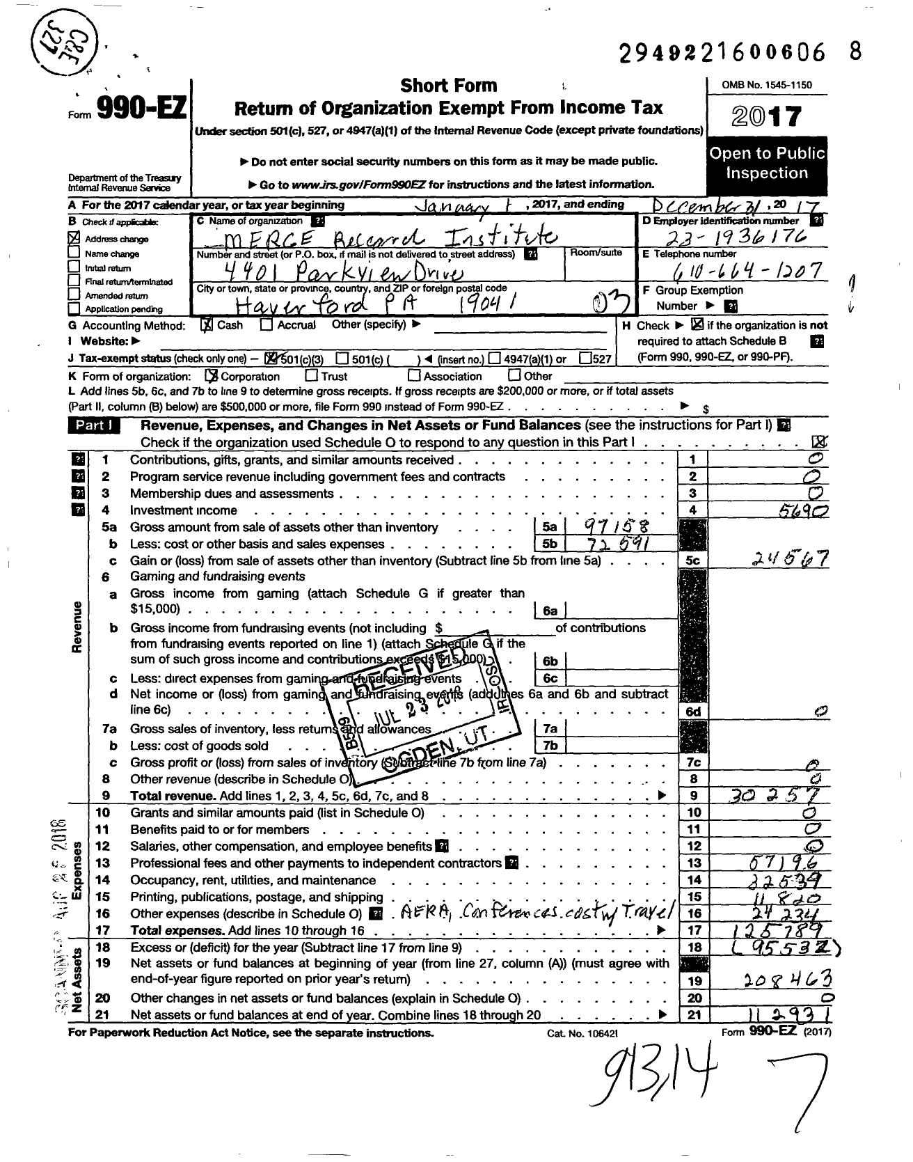 Image of first page of 2017 Form 990EZ for Merge Research Institute