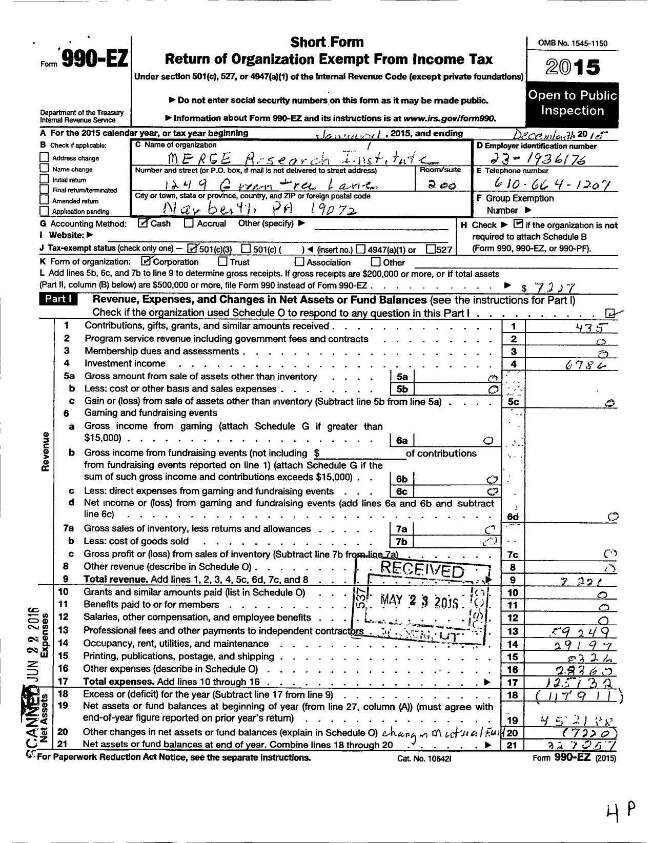 Image of first page of 2015 Form 990EZ for Merge Research Institute