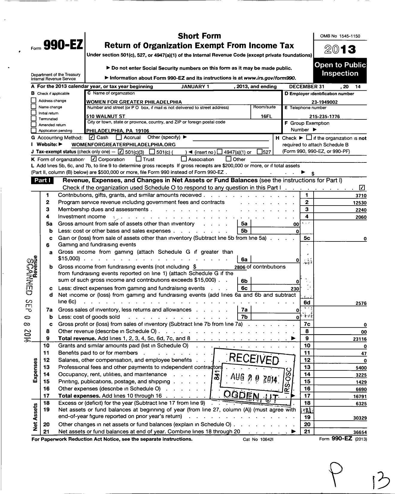 Image of first page of 2014 Form 990EZ for Women for Greater Philadelphia