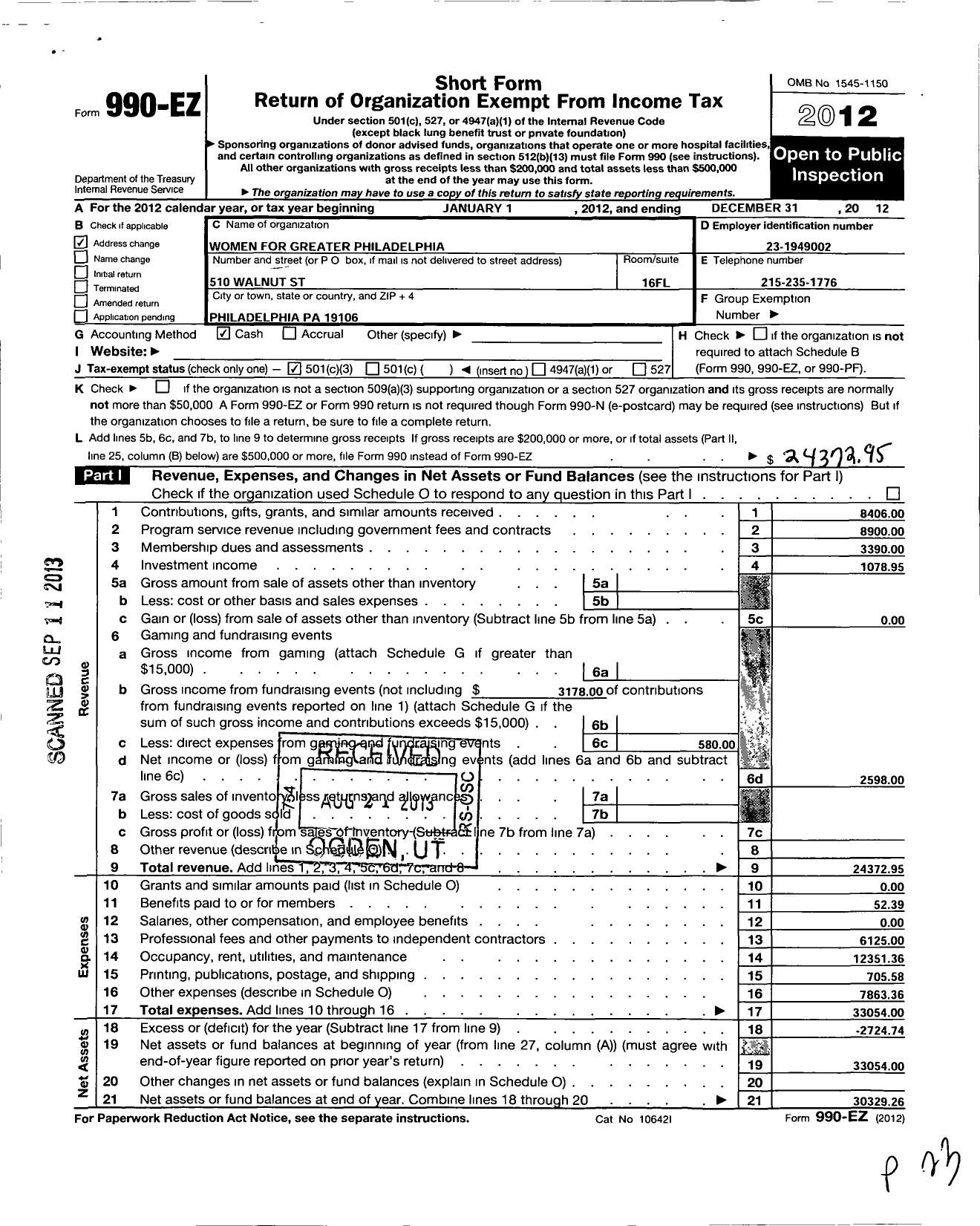 Image of first page of 2012 Form 990EZ for Women for Greater Philadelphia