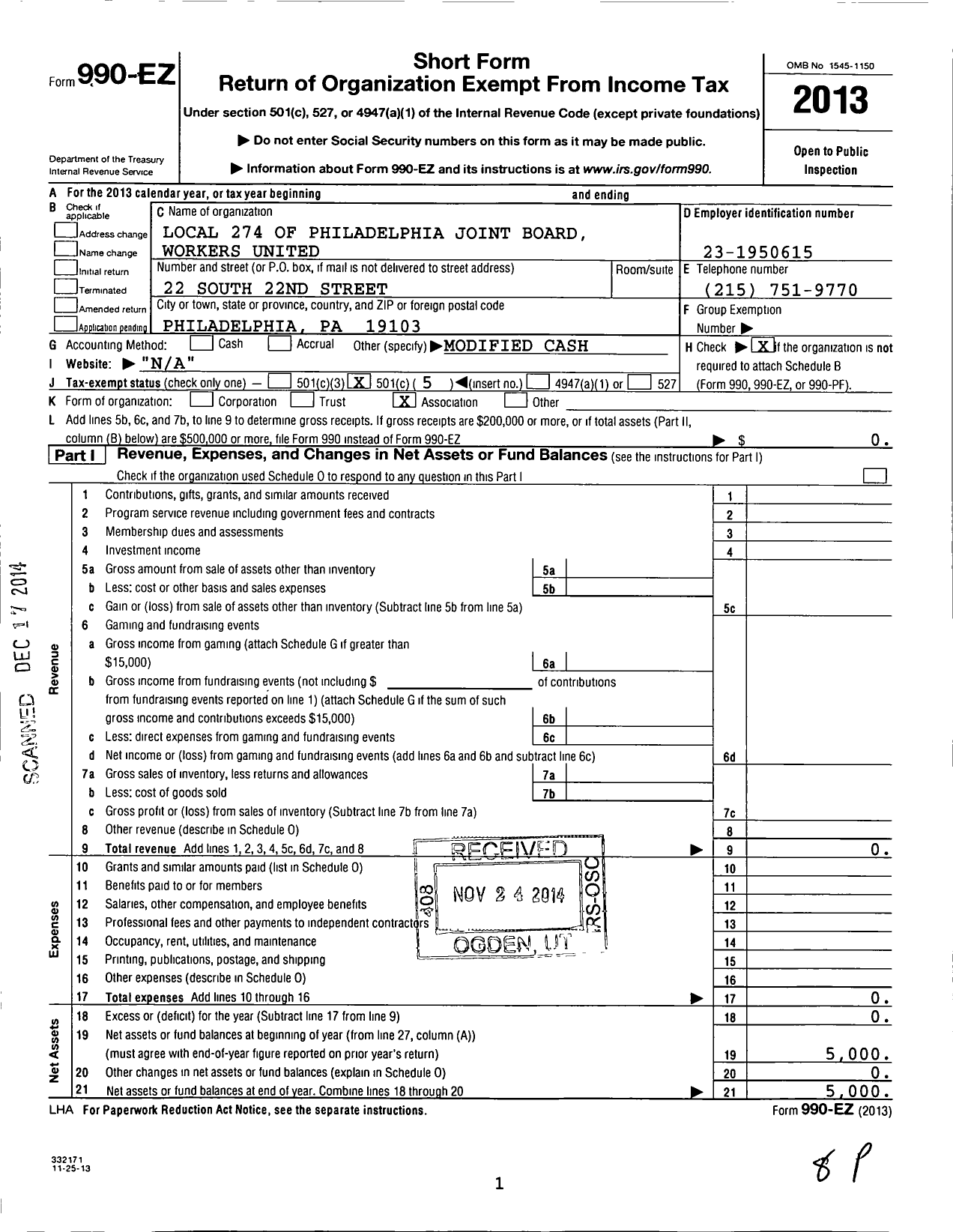 Image of first page of 2013 Form 990EO for Workers United - 274 Local of Philadelphia Joint Boa