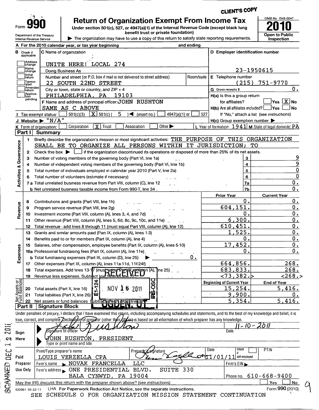 Image of first page of 2010 Form 990O for Workers United - 274 Local of Philadelphia Joint Boa