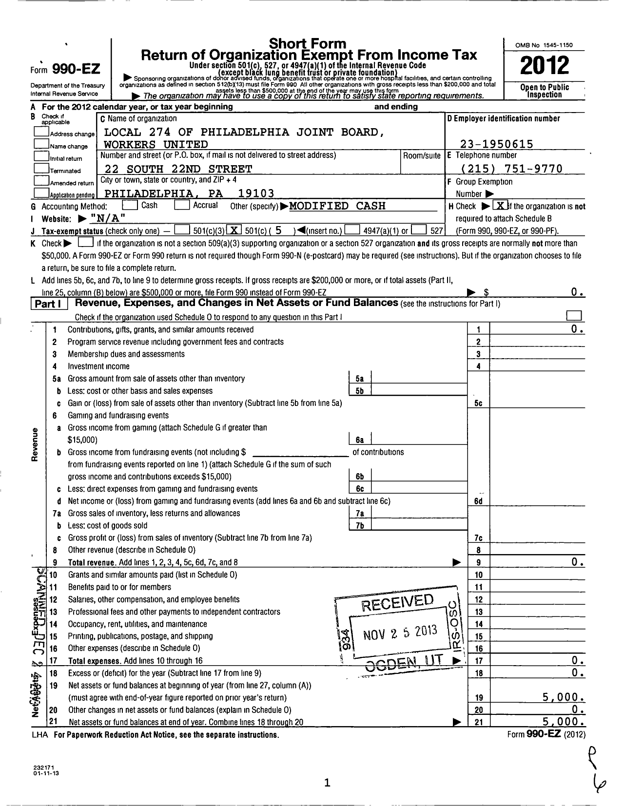 Image of first page of 2012 Form 990EO for Workers United - 274 Local of Philadelphia Joint Boa