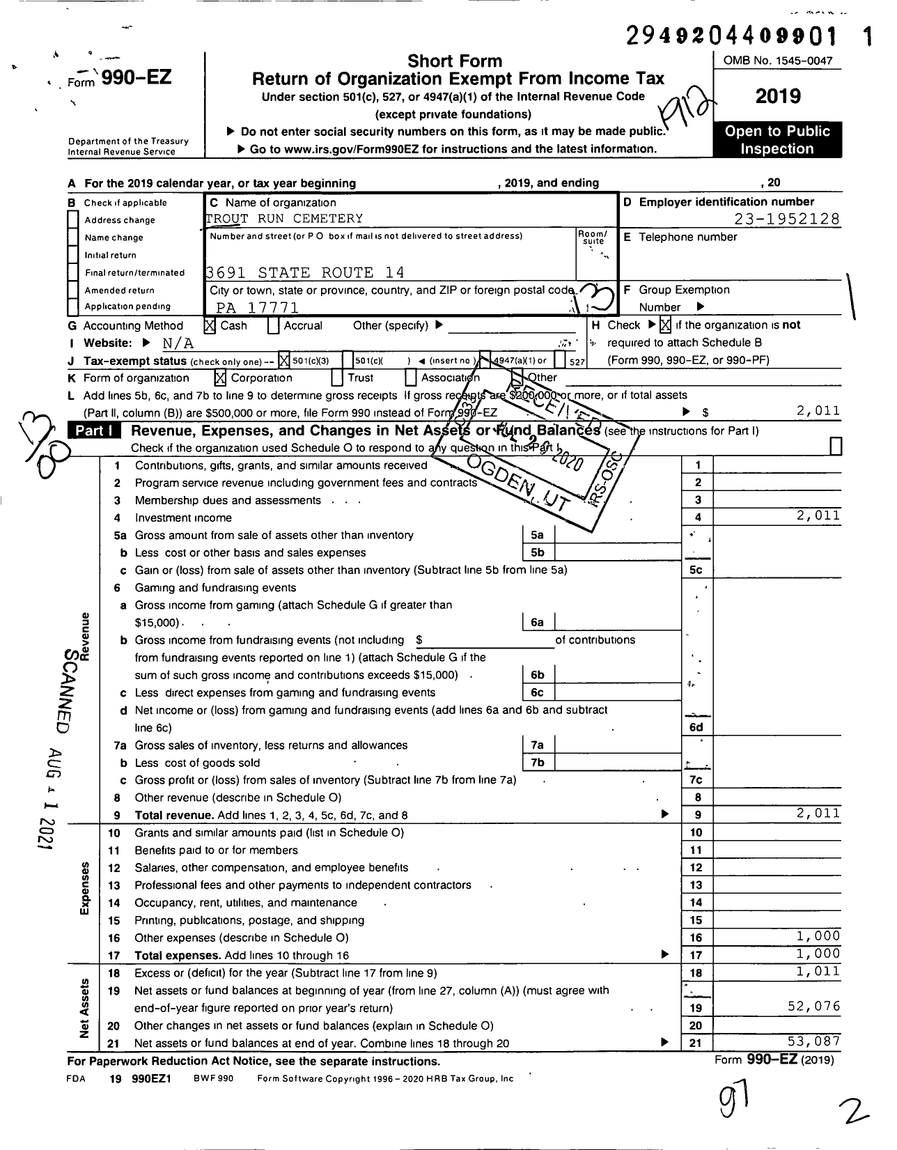 Image of first page of 2019 Form 990EO for Trout Run Cemetery