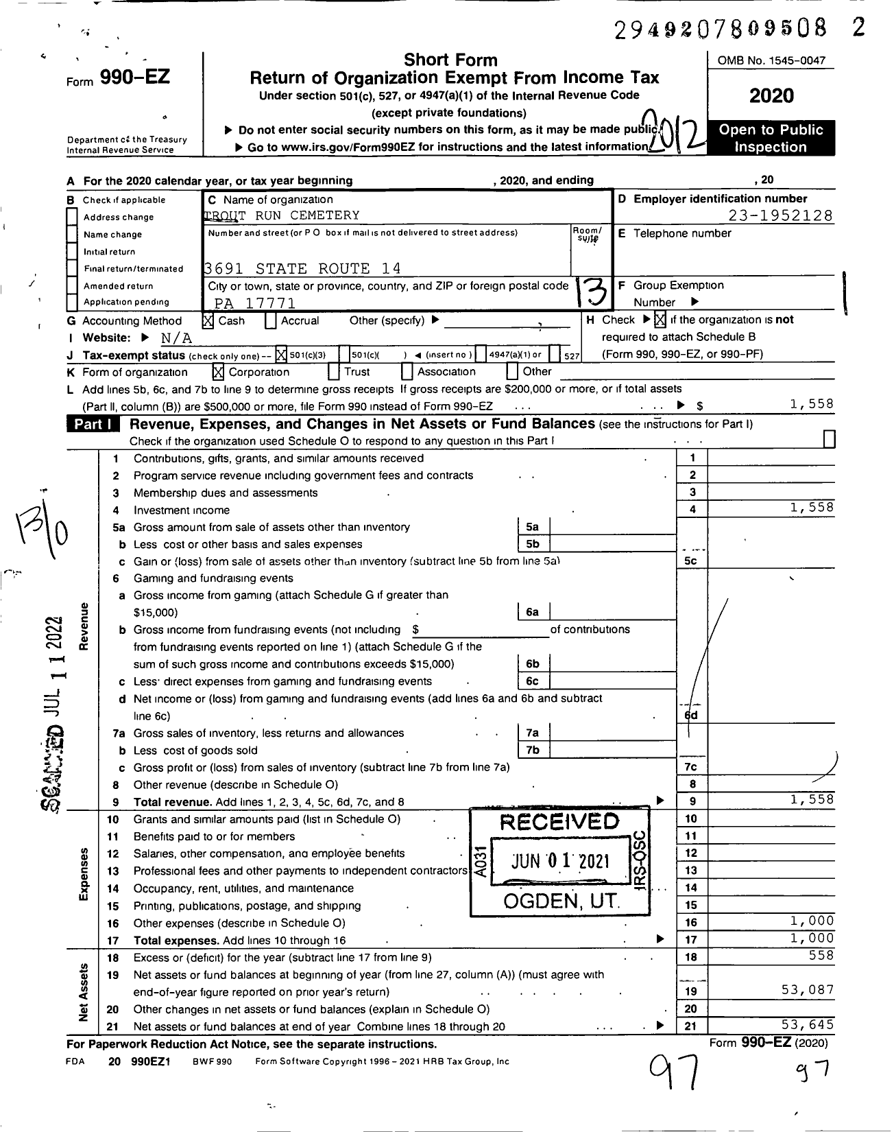 Image of first page of 2020 Form 990EO for Trout Run Cemetery