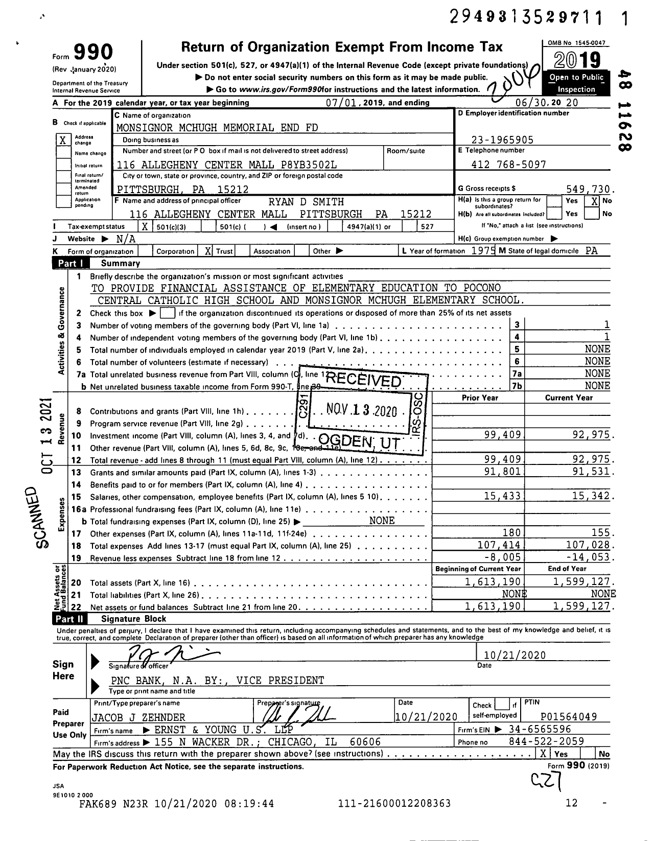 Image of first page of 2019 Form 990 for Monsignor Mchugh Memorial End Fund