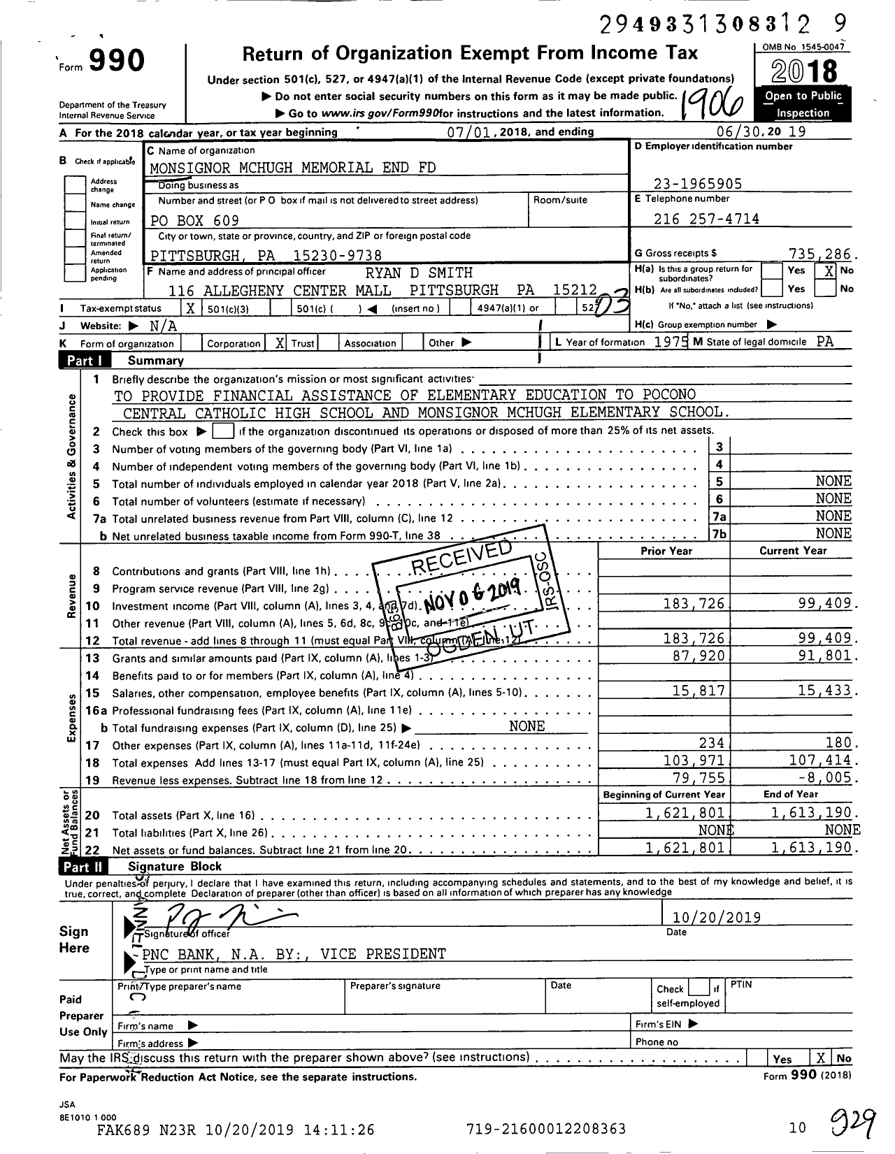 Image of first page of 2018 Form 990 for Monsignor Mchugh Memorial End Fund