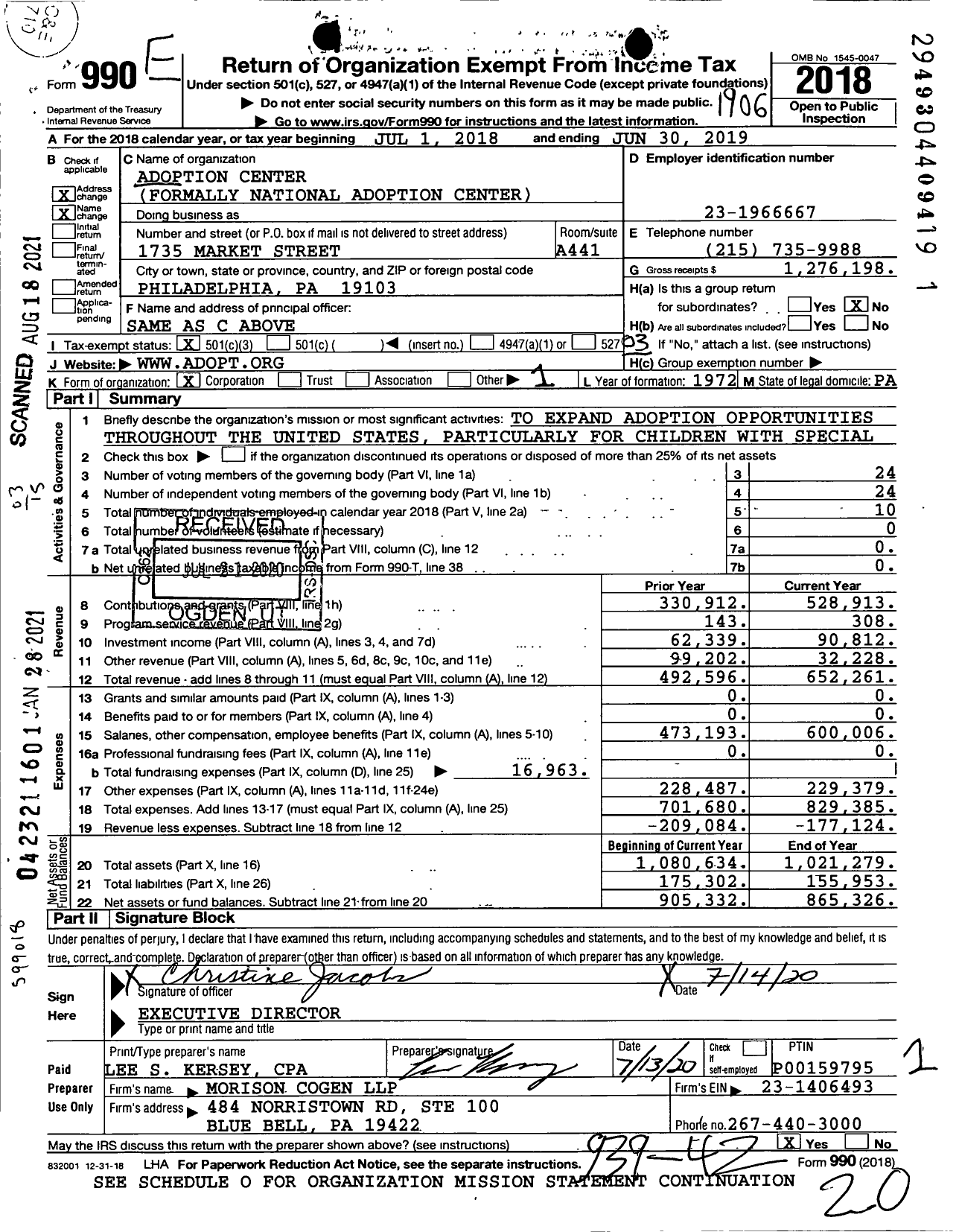 Image of first page of 2018 Form 990 for Adoption Center