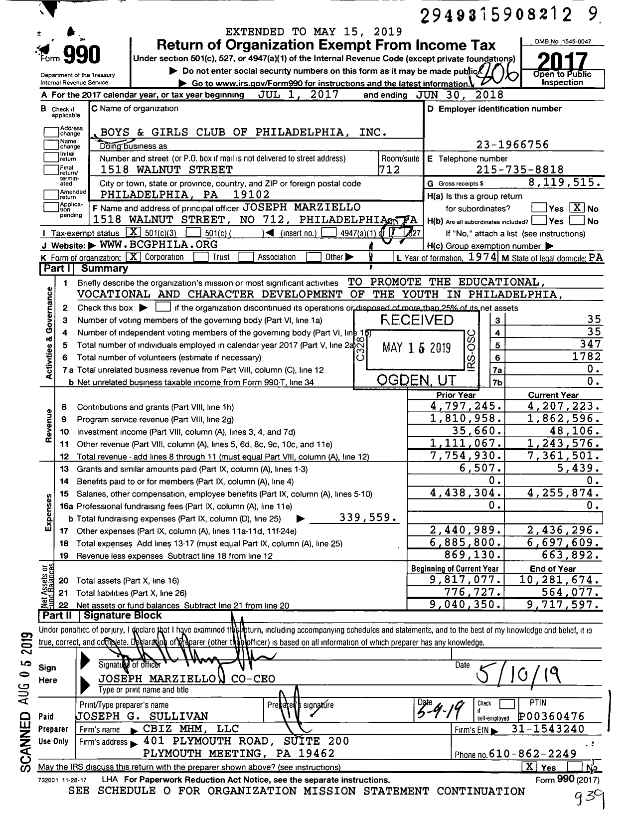 Image of first page of 2017 Form 990 for Boys and Girls Club of Philadelphia