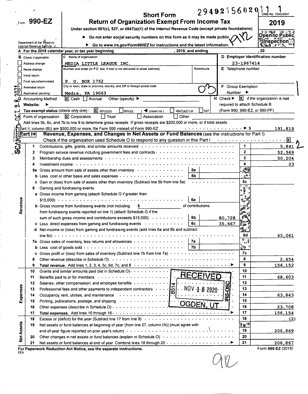 Image of first page of 2019 Form 990EZ for Media Little League