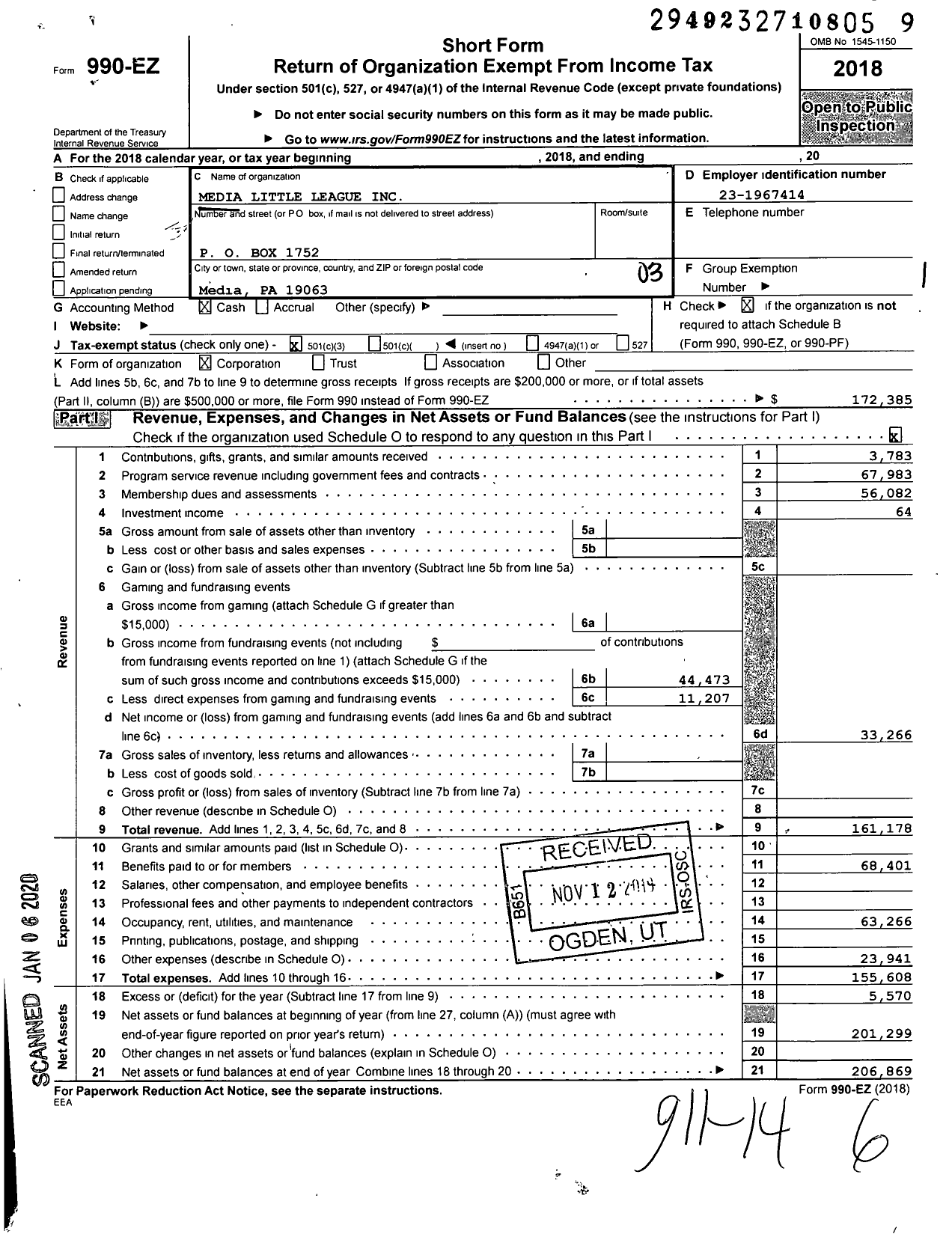 Image of first page of 2018 Form 990EZ for Media Little League