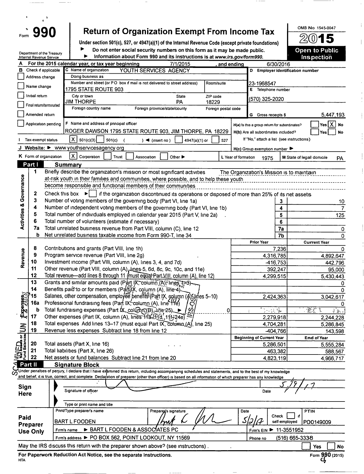 Image of first page of 2015 Form 990 for Youth Services Agency
