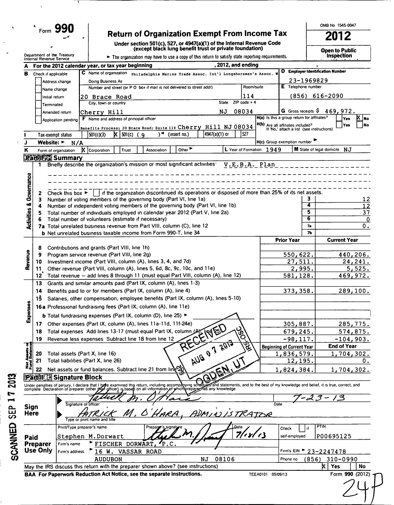 Image of first page of 2012 Form 990O for Philadelphia Marine Trade Association International Longshoremens Association Welfare