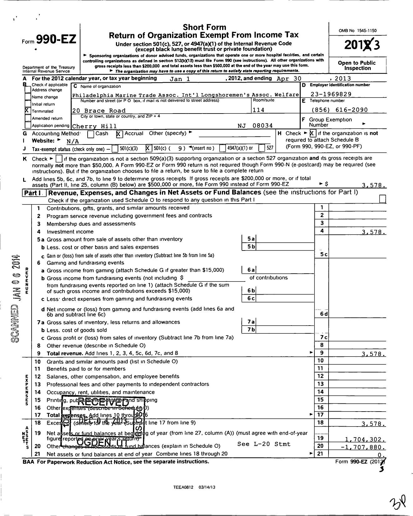 Image of first page of 2012 Form 990EO for Philadelphia Marine Trade Association International Longshoremens Association Welfare