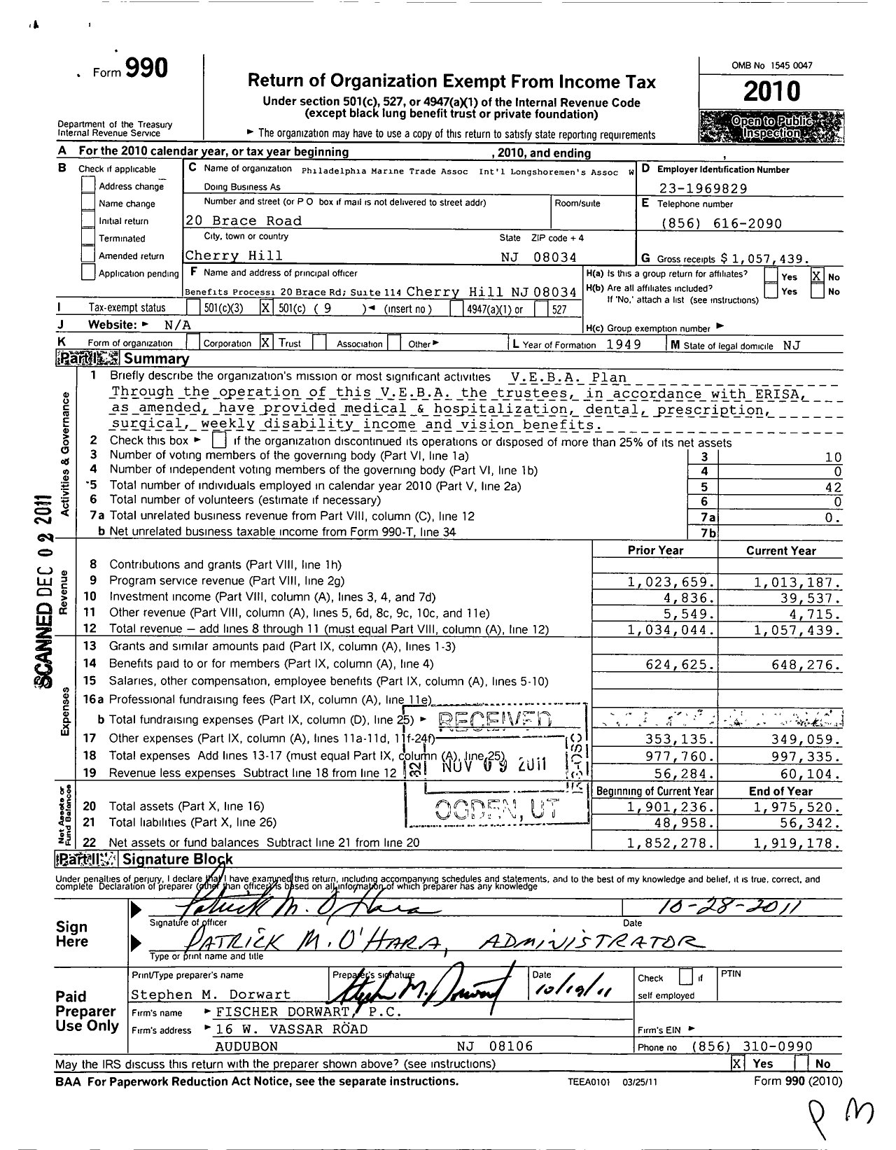 Image of first page of 2010 Form 990O for Philadelphia Marine Trade Association International Longshoremens Association Welfare