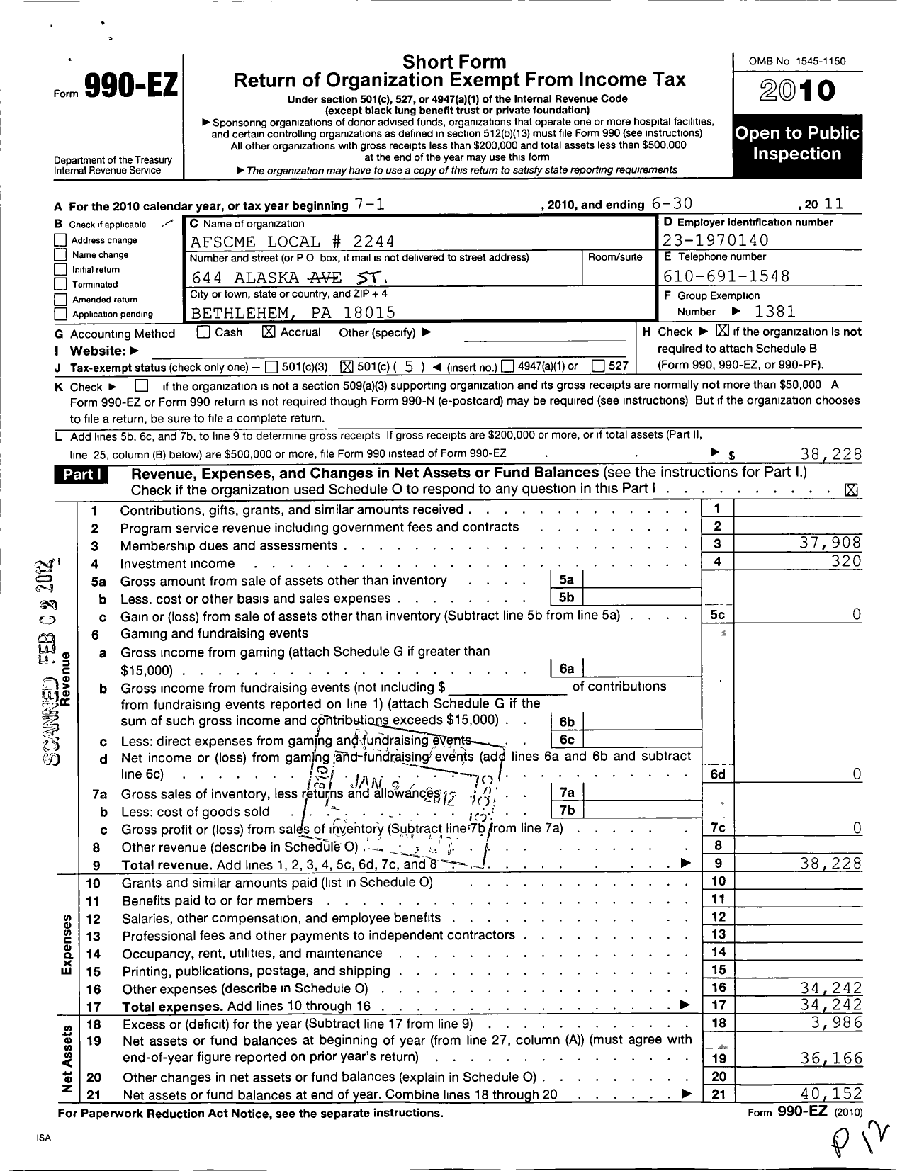 Image of first page of 2010 Form 990EO for American Federation of State County & Municipal Employees - L2244pa SSTRN Pa First-Level Super