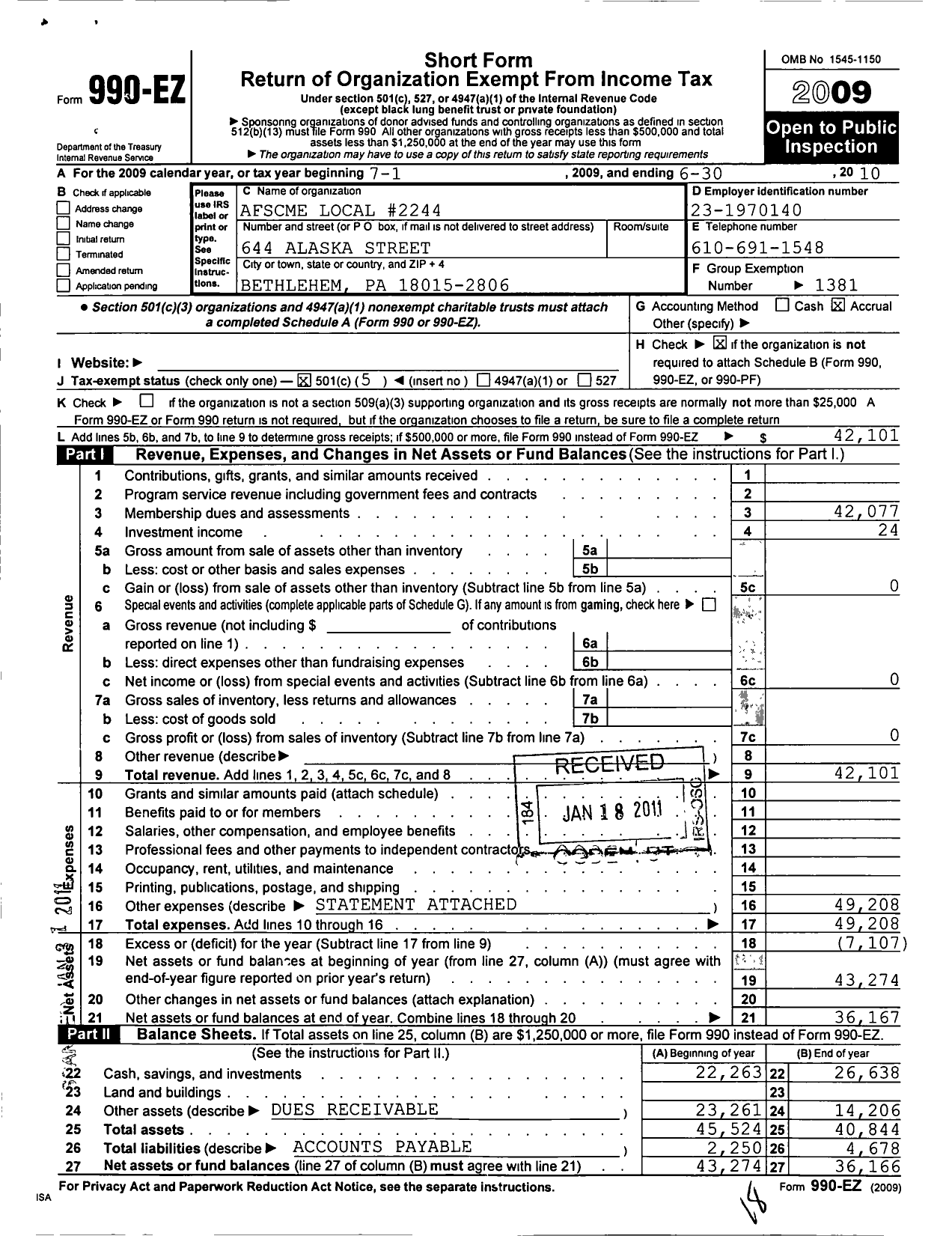 Image of first page of 2009 Form 990EO for American Federation of State County & Municipal Employees - L2244pa SSTRN Pa First-Level Super