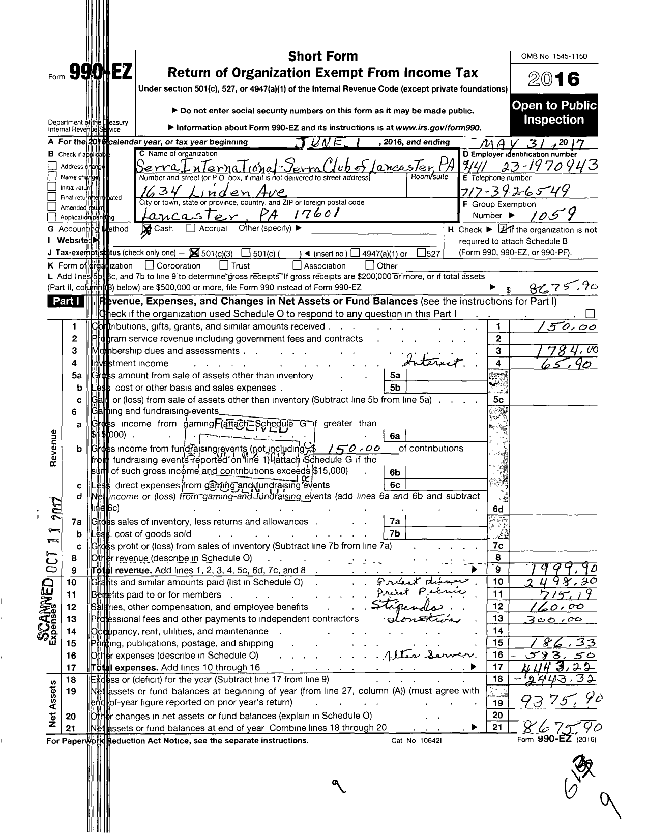 Image of first page of 2016 Form 990EZ for Serra International - 441 Lancaster Serra Club