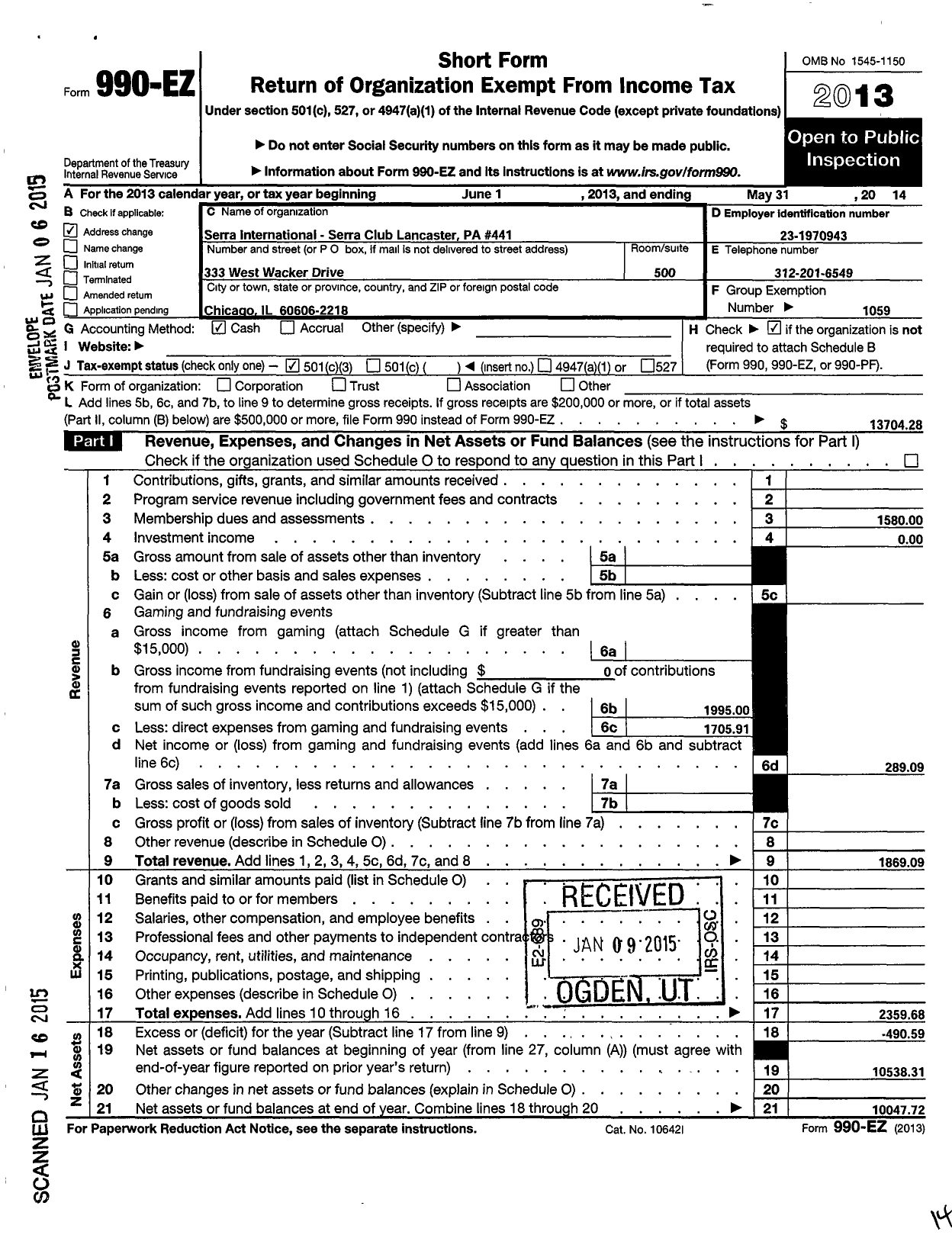 Image of first page of 2013 Form 990EZ for Serra International - 441 Lancaster Serra Club