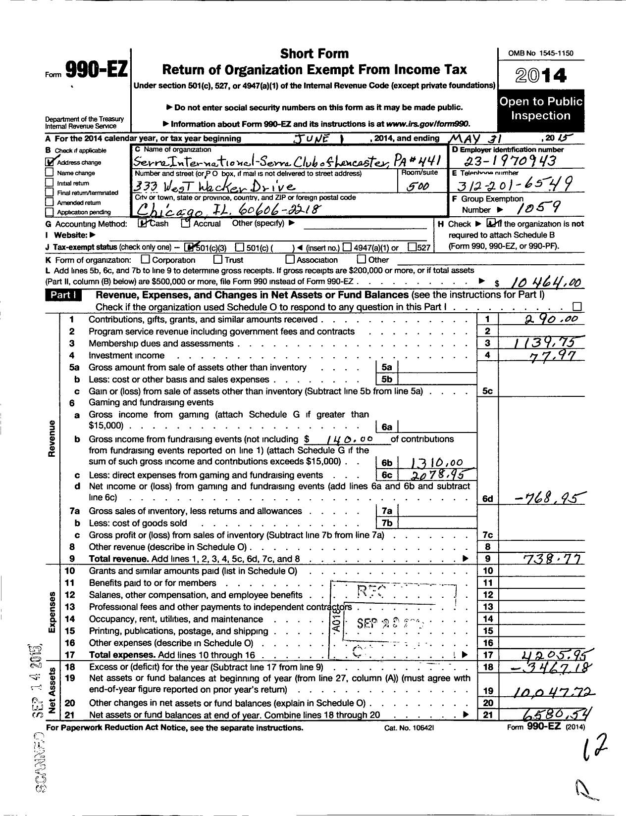 Image of first page of 2014 Form 990EZ for Serra International - 441 Lancaster Serra Club