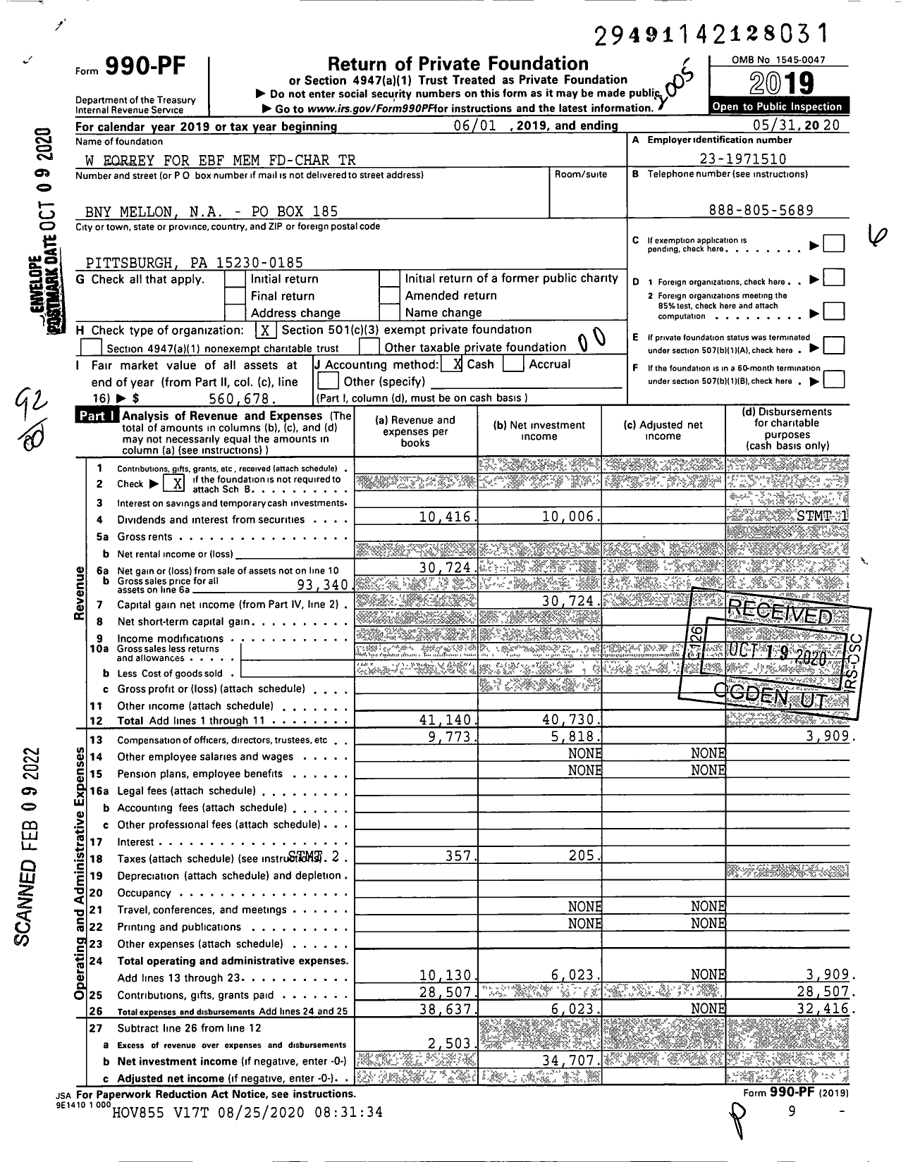 Image of first page of 2019 Form 990PF for W Forrey for Ebf Mem Fd-Char Trust