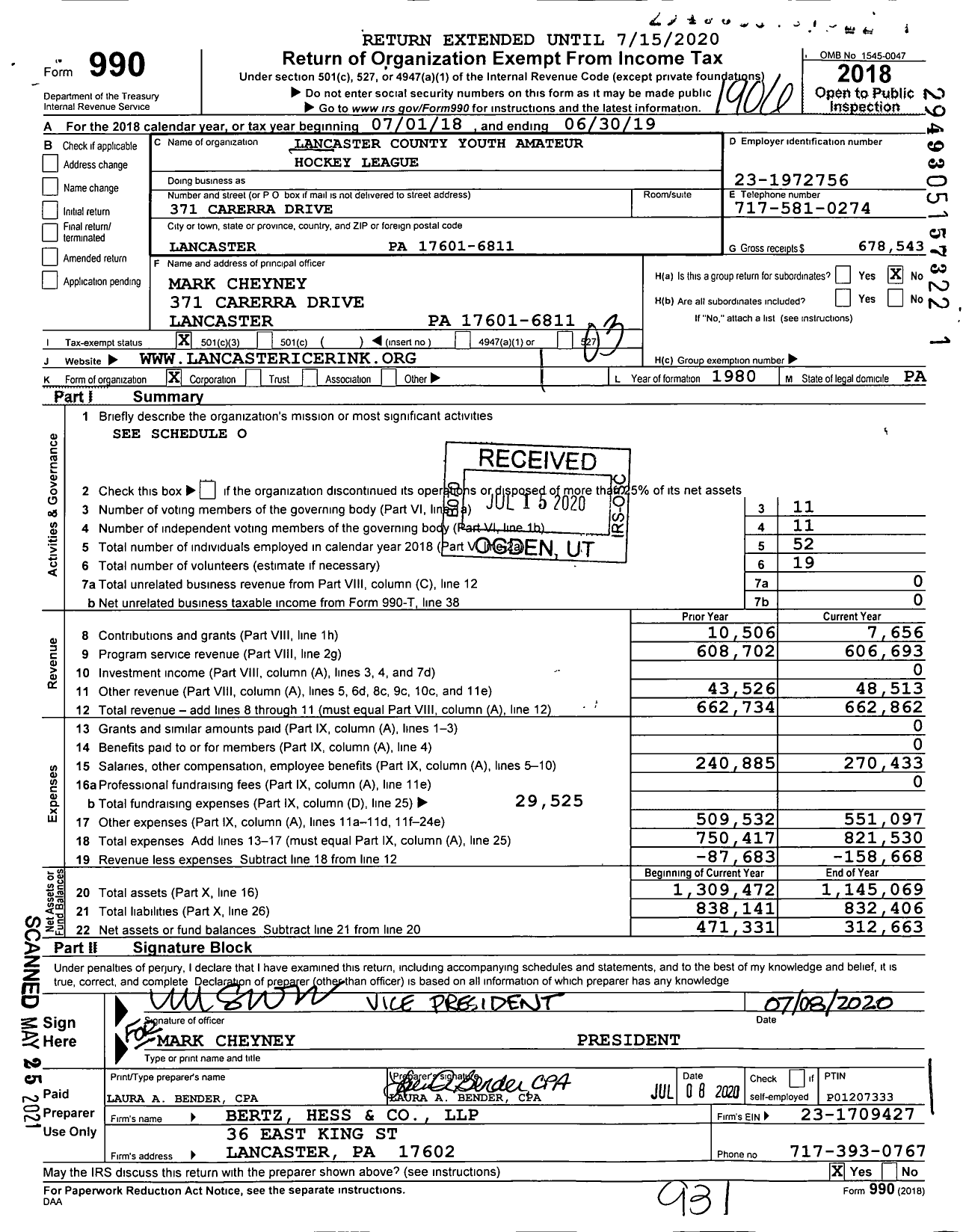 Image of first page of 2018 Form 990 for Lancaster County Youth Amateur Hockey League