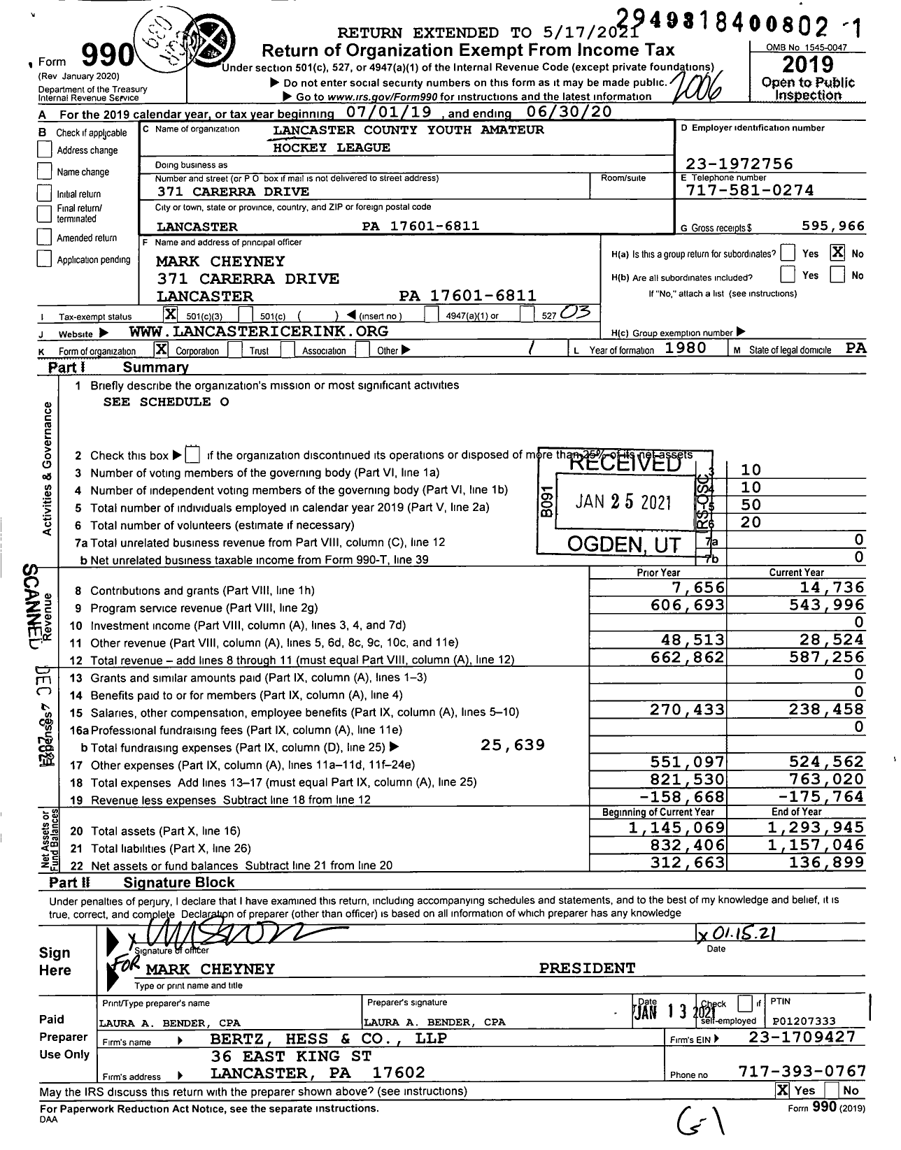 Image of first page of 2019 Form 990 for Lancaster County Youth Amateur Hockey League