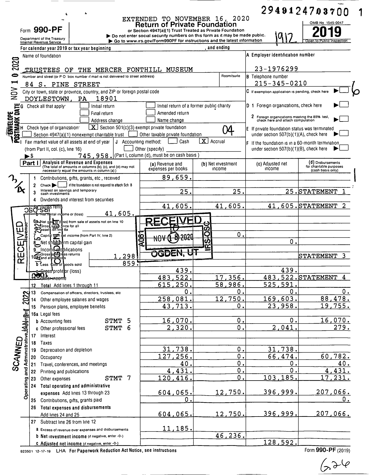 Image of first page of 2019 Form 990PF for Trustees of the Mercer Fonthill Museum