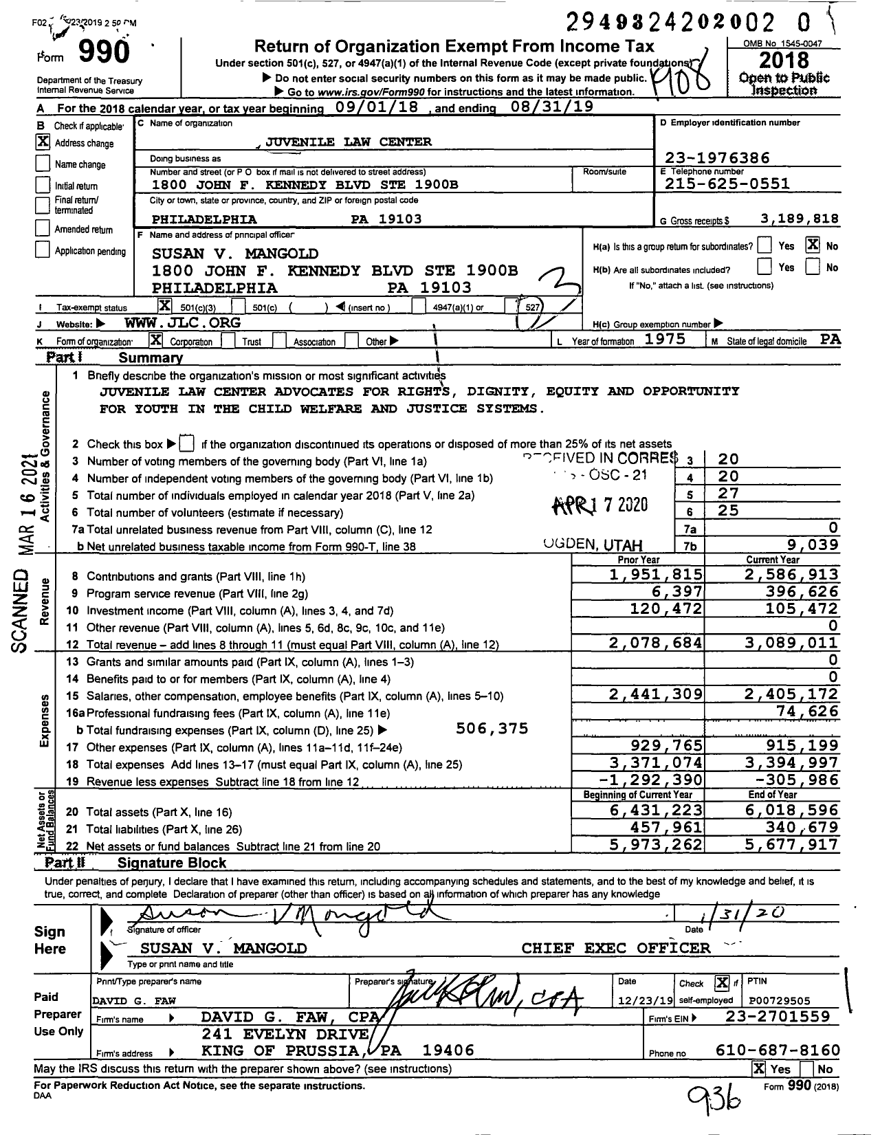 Image of first page of 2018 Form 990 for Juvenile Law Center